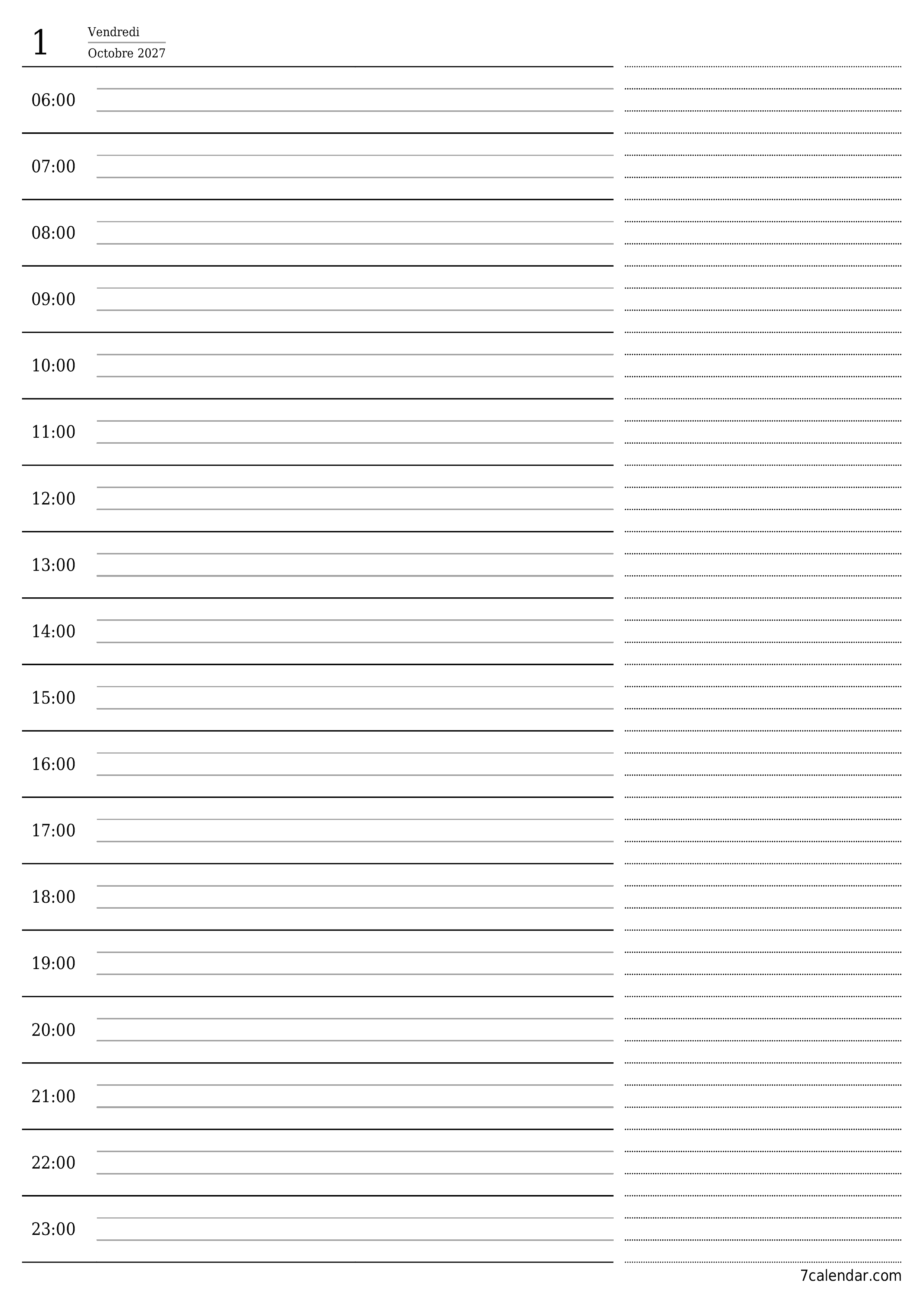 Agenda quotidien vide pour la journée Octobre 2027 avec notes, enregistrez et imprimez au format PDF PNG French