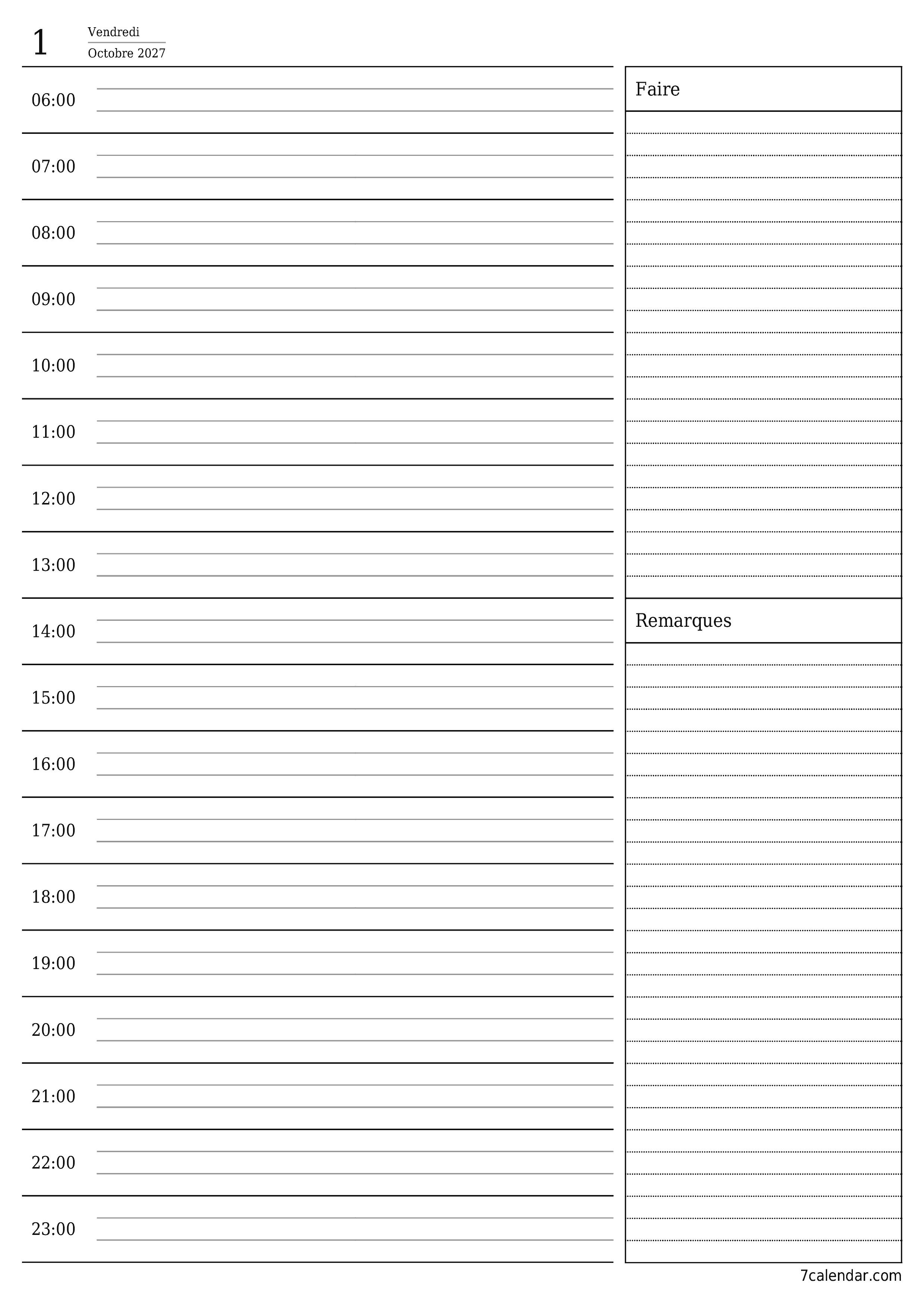 Agenda quotidien vide pour la journée Octobre 2027 avec notes, enregistrez et imprimez au format PDF PNG French