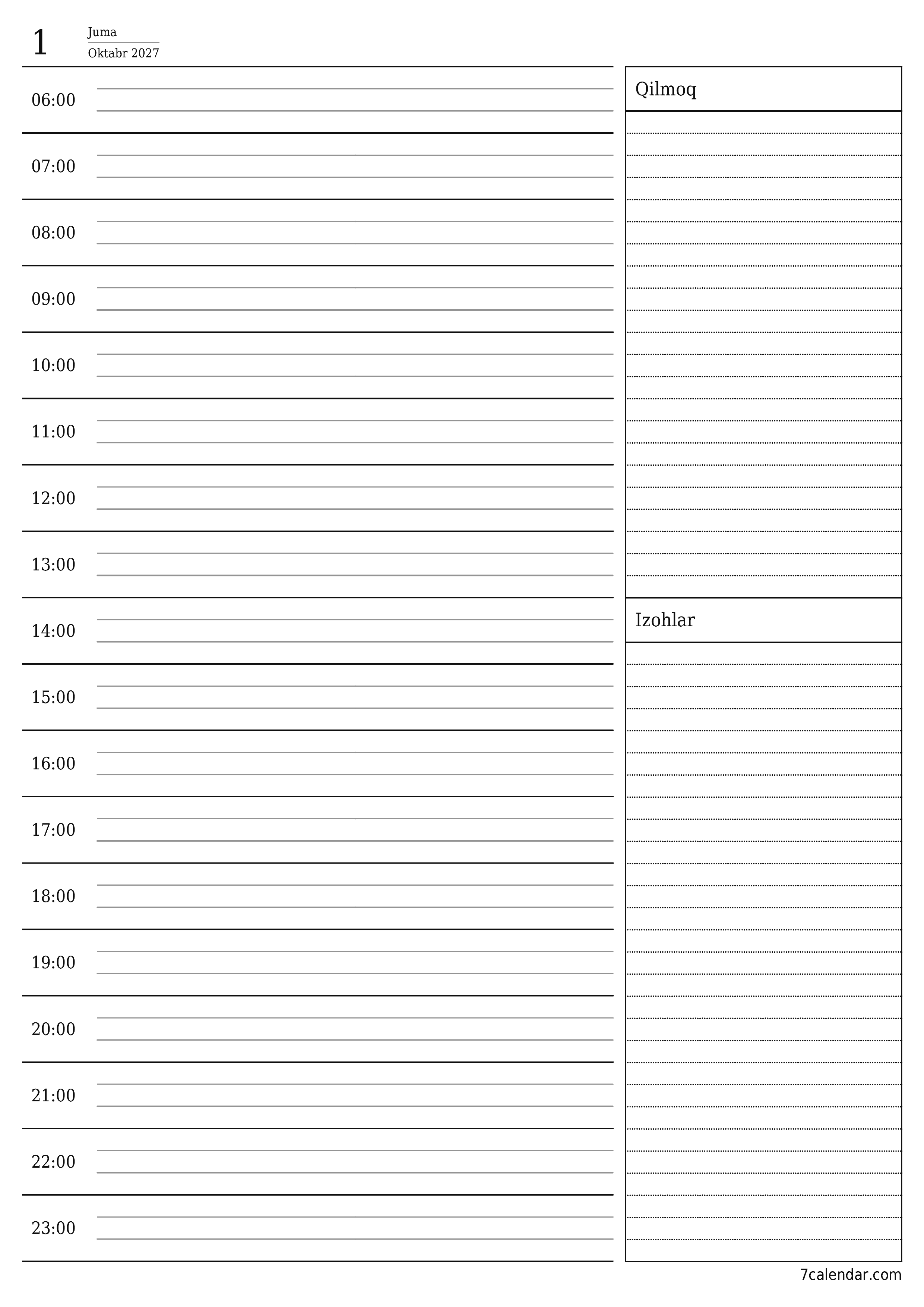 Oktabr 2027 kunlik kunlik rejalashtiruvchini yozuvlari bilan bo'shatish, saqlash va PDF-ga chop etish PNG Uzbek