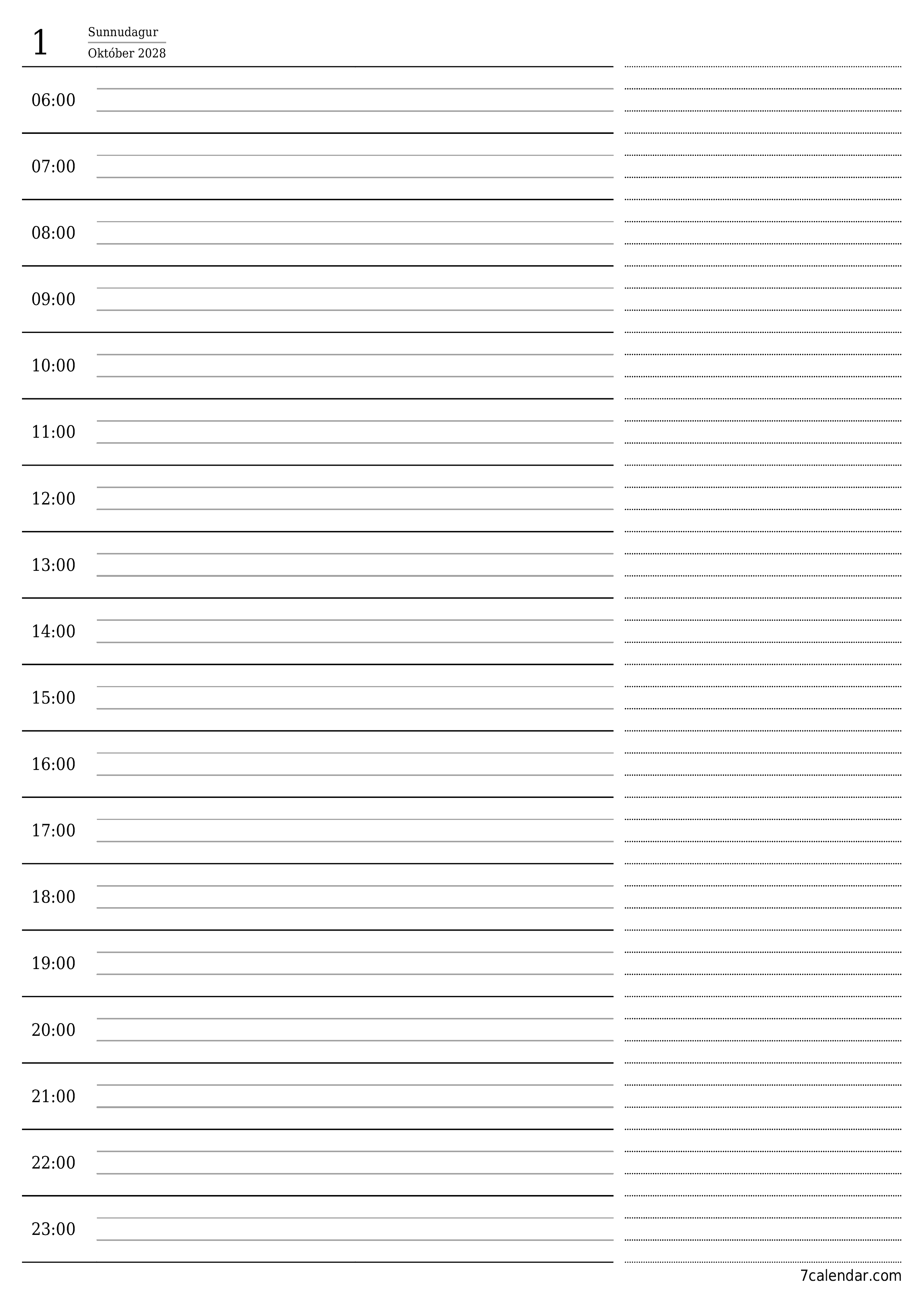 Tómur daglegur skipuleggjandi fyrir daginn Október 2028 með athugasemdum, vistaðu og prentaðu á PDF PNG Icelandic