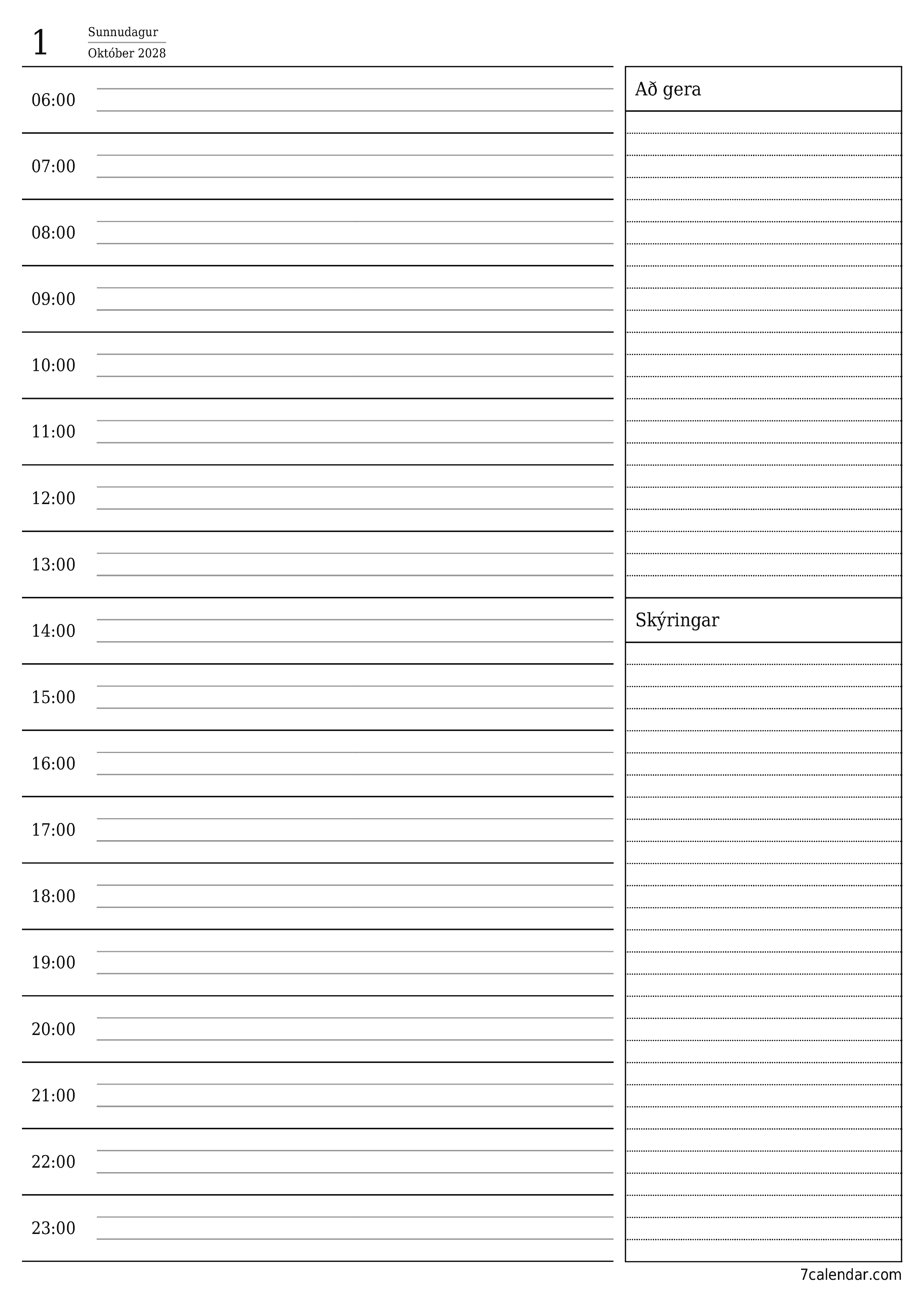 Tómur daglegur skipuleggjandi fyrir daginn Október 2028 með athugasemdum, vistaðu og prentaðu á PDF PNG Icelandic