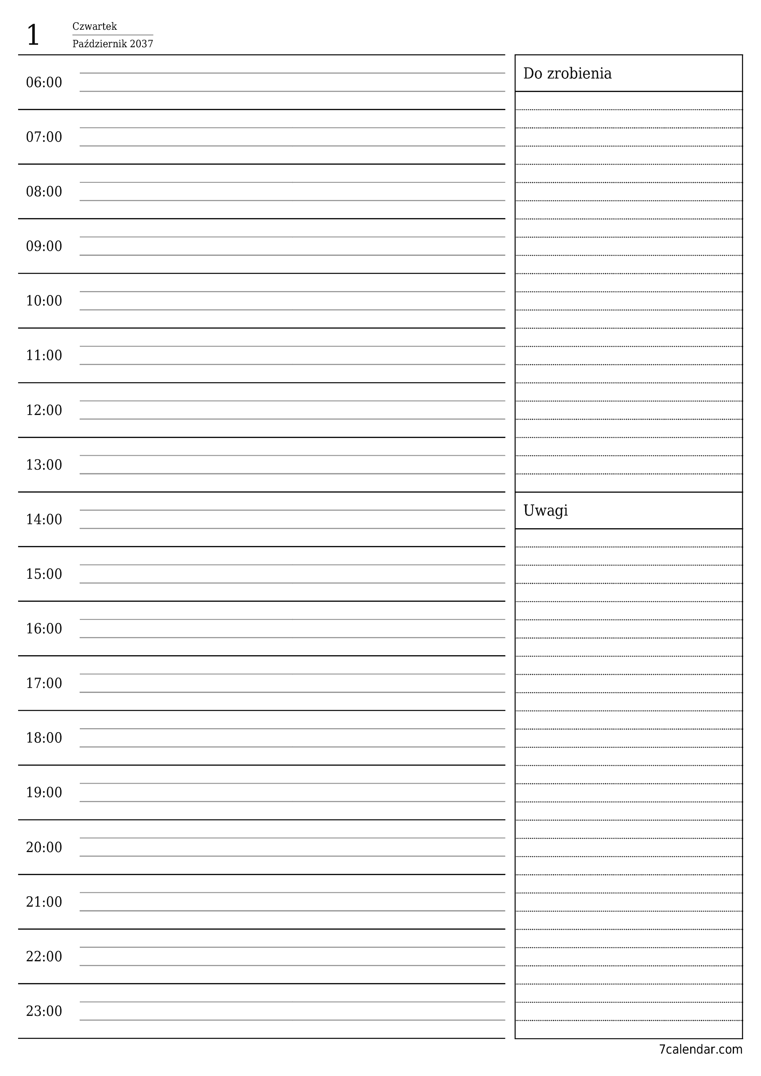 Opróżnij planer dzienny na dzień Październik 2037 z notatkami, zapisz i wydrukuj w formacie PDF PNG Polish