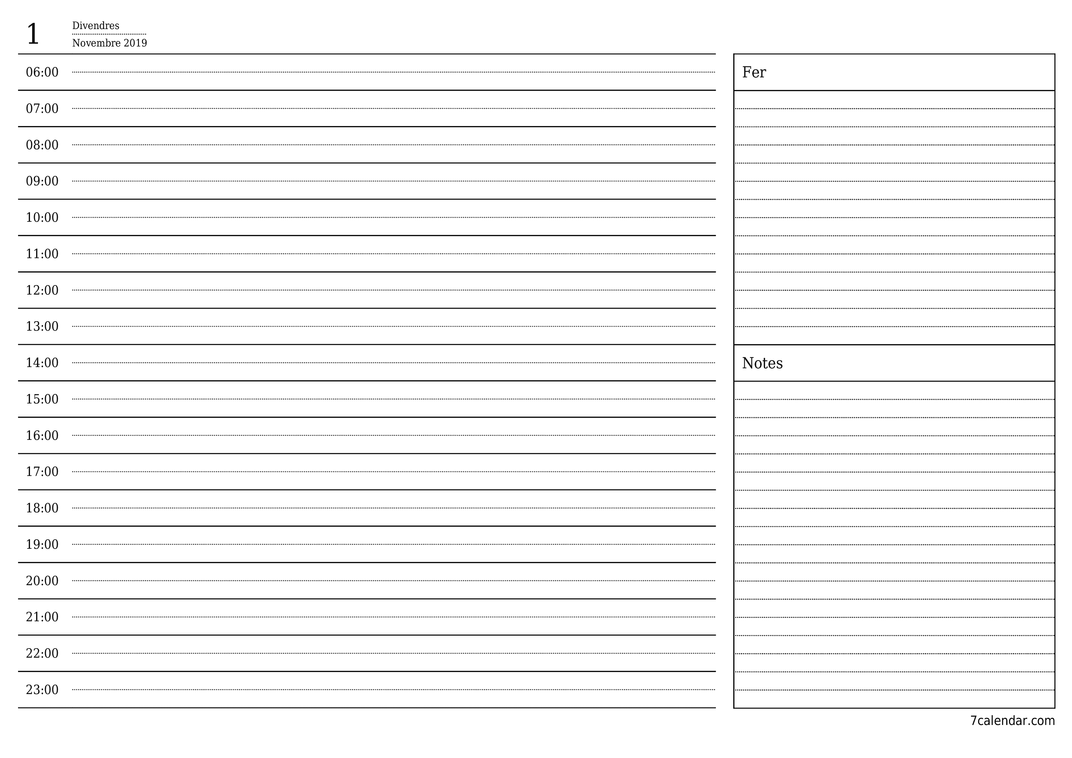 Un planificador diari buit del dia Novembre 2019 amb notes, deseu-lo i imprimiu-lo en format PDF PNG Catalan