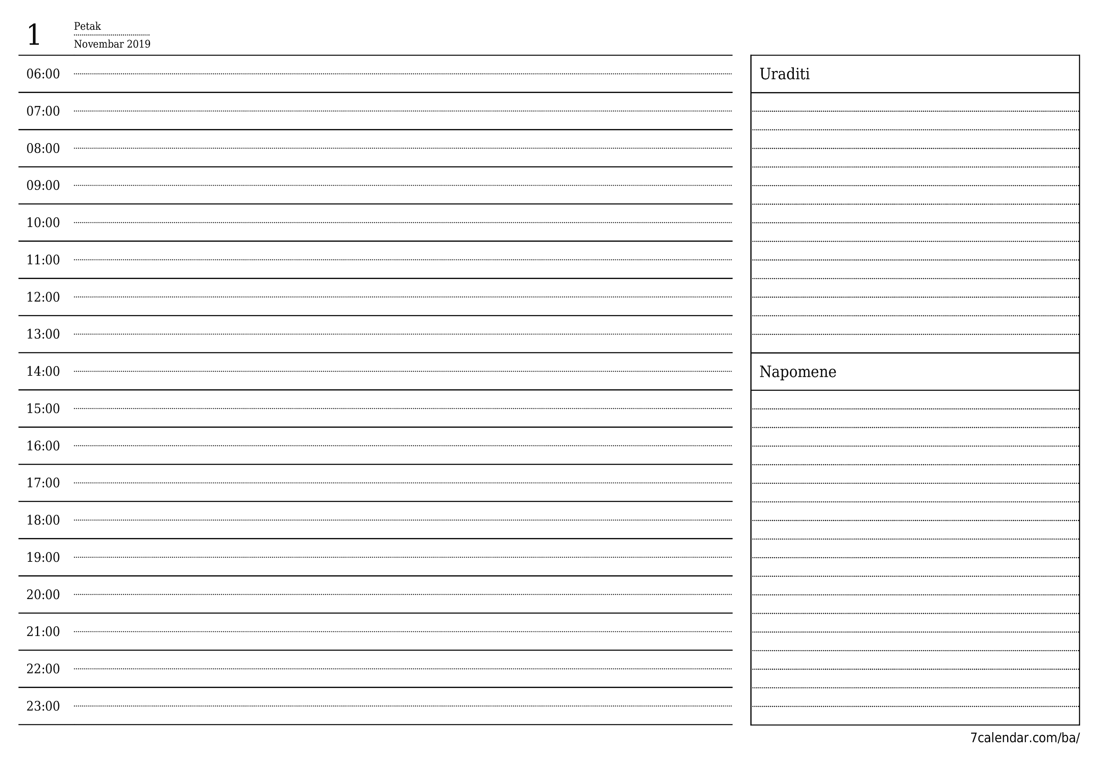 Ispraznite dnevni planer za dan Novembar 2019 s bilješkama, spremite i ispišite u PDF PNG Bosnian