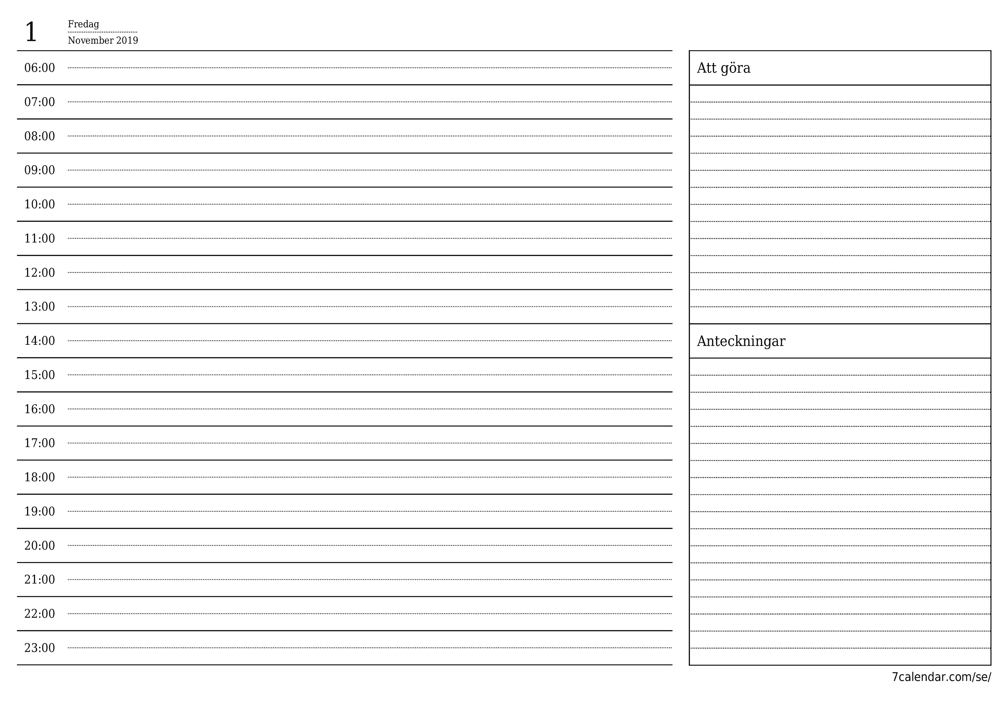 Töm daglig planerare för dag November 2019 med anteckningar, spara och skriv ut till PDF PNG Swedish