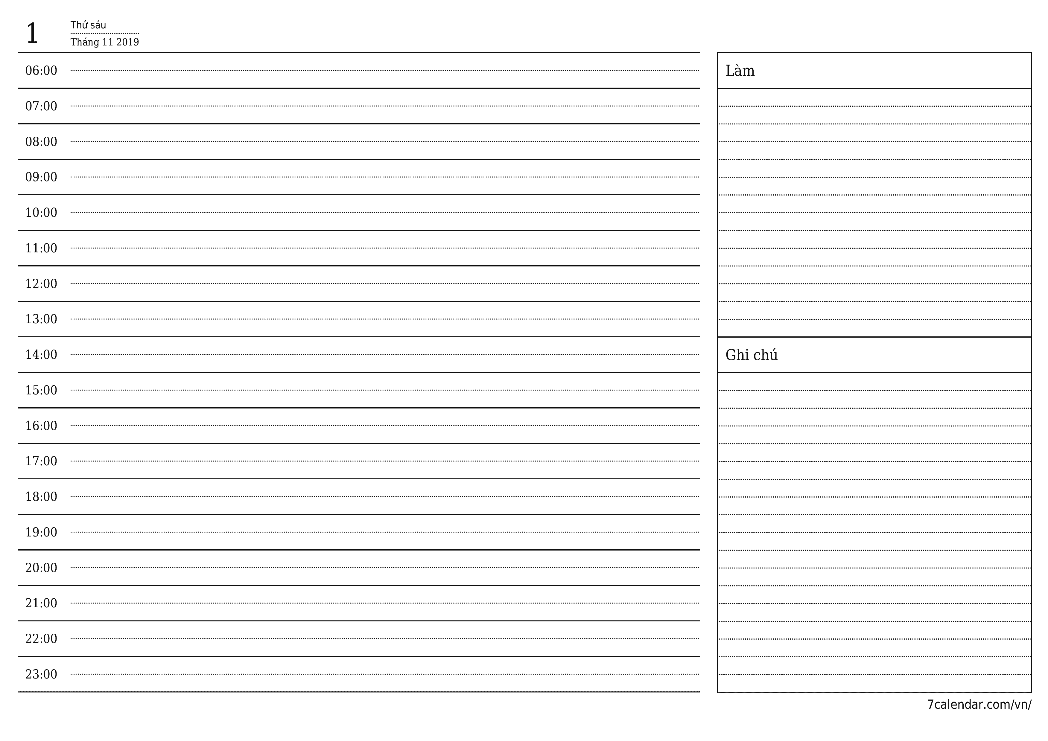 Công cụ lập kế hoạch hàng ngày trống trong ngày Tháng 11 2019 có ghi chú, lưu và in sang PDF PNG Vietnamese