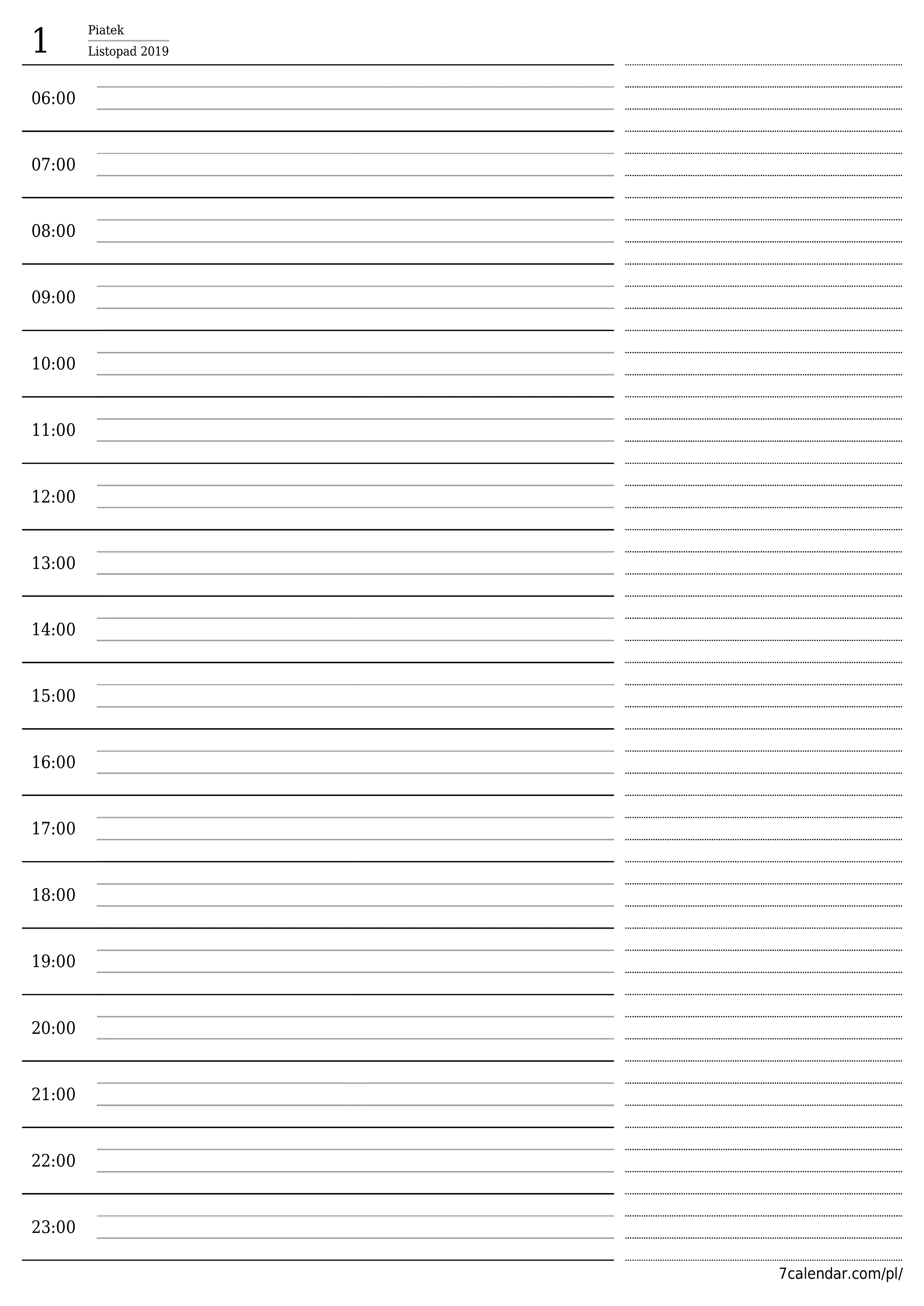  do druku ścienny szablon a darmowy pionowy Codzienny planista kalendarz Listopad (Lis) 2019