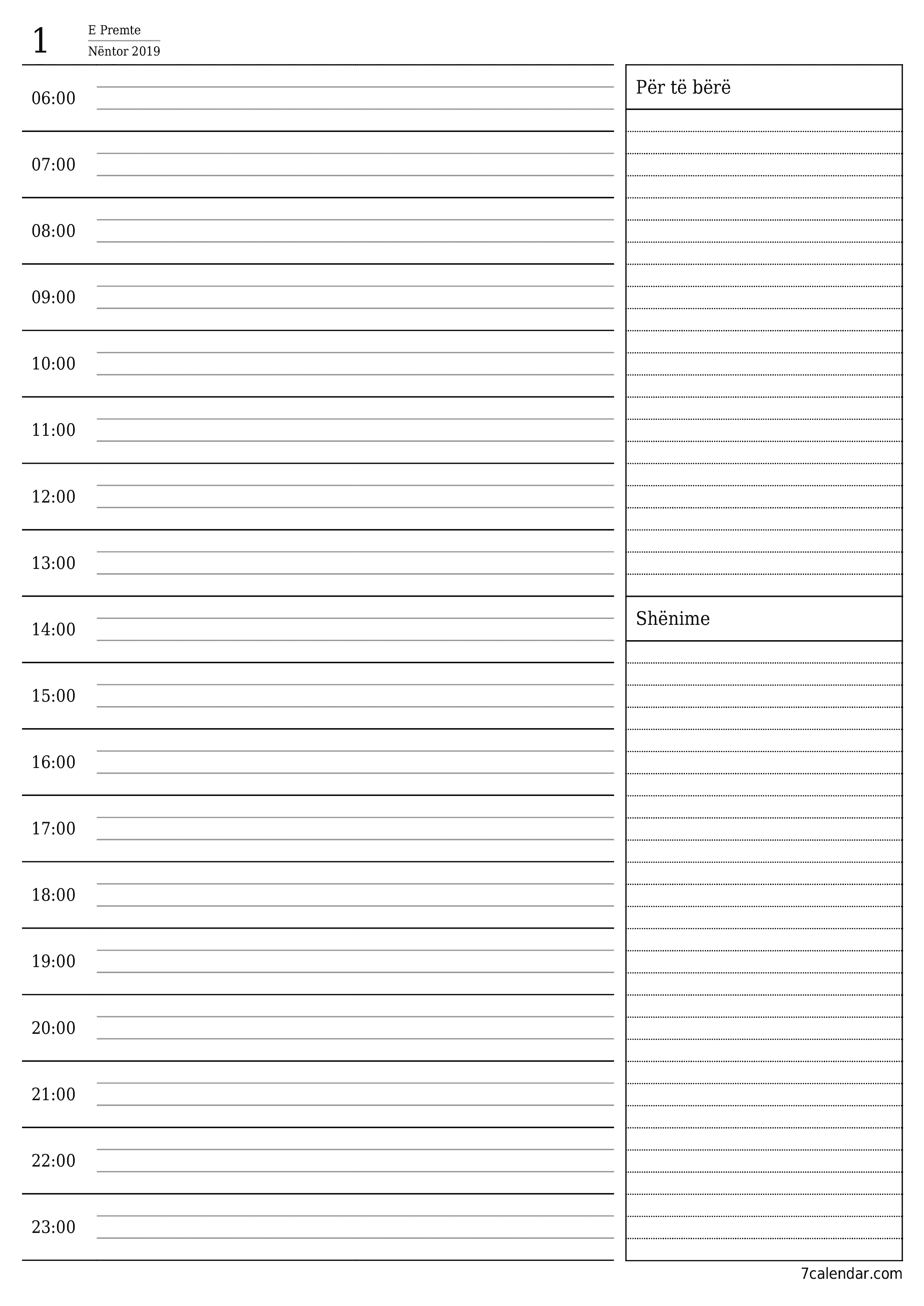 Planifikuesi bosh i kalendarit ditor për ditën Nëntor 2019 me shënime, ruani dhe printoni në PDF PNG Albanian