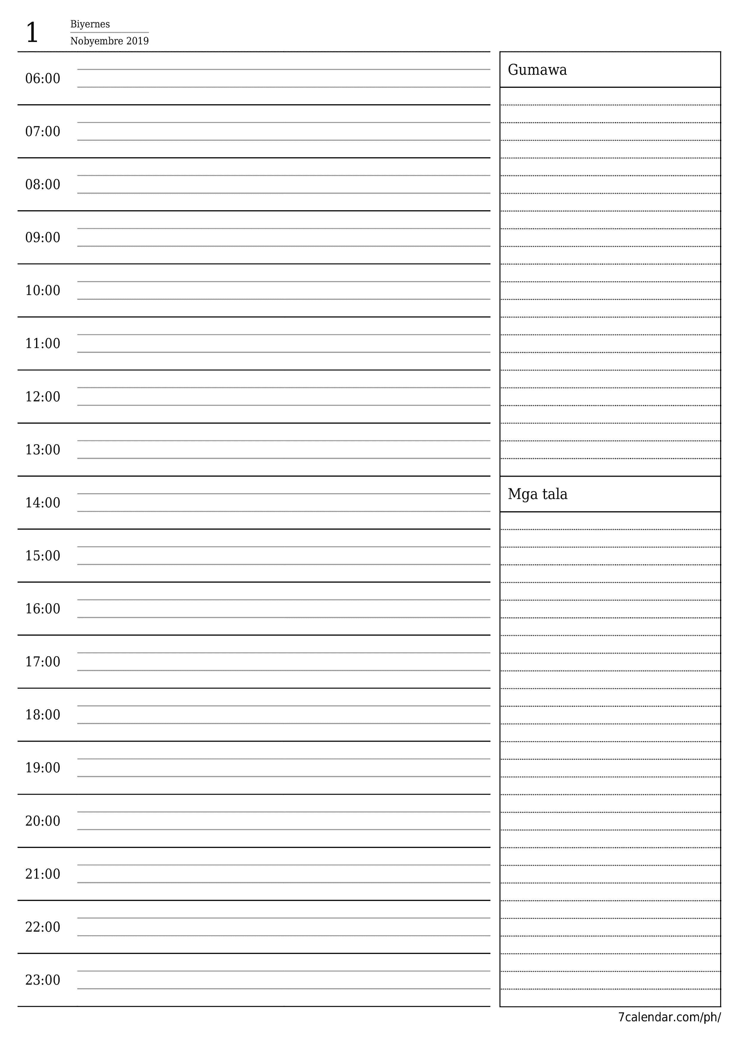 Walang laman araw-araw na tagaplano para sa araw na Nobyembre 2019 na may mga tala, i-save at i-print sa PDF PNG Filipino