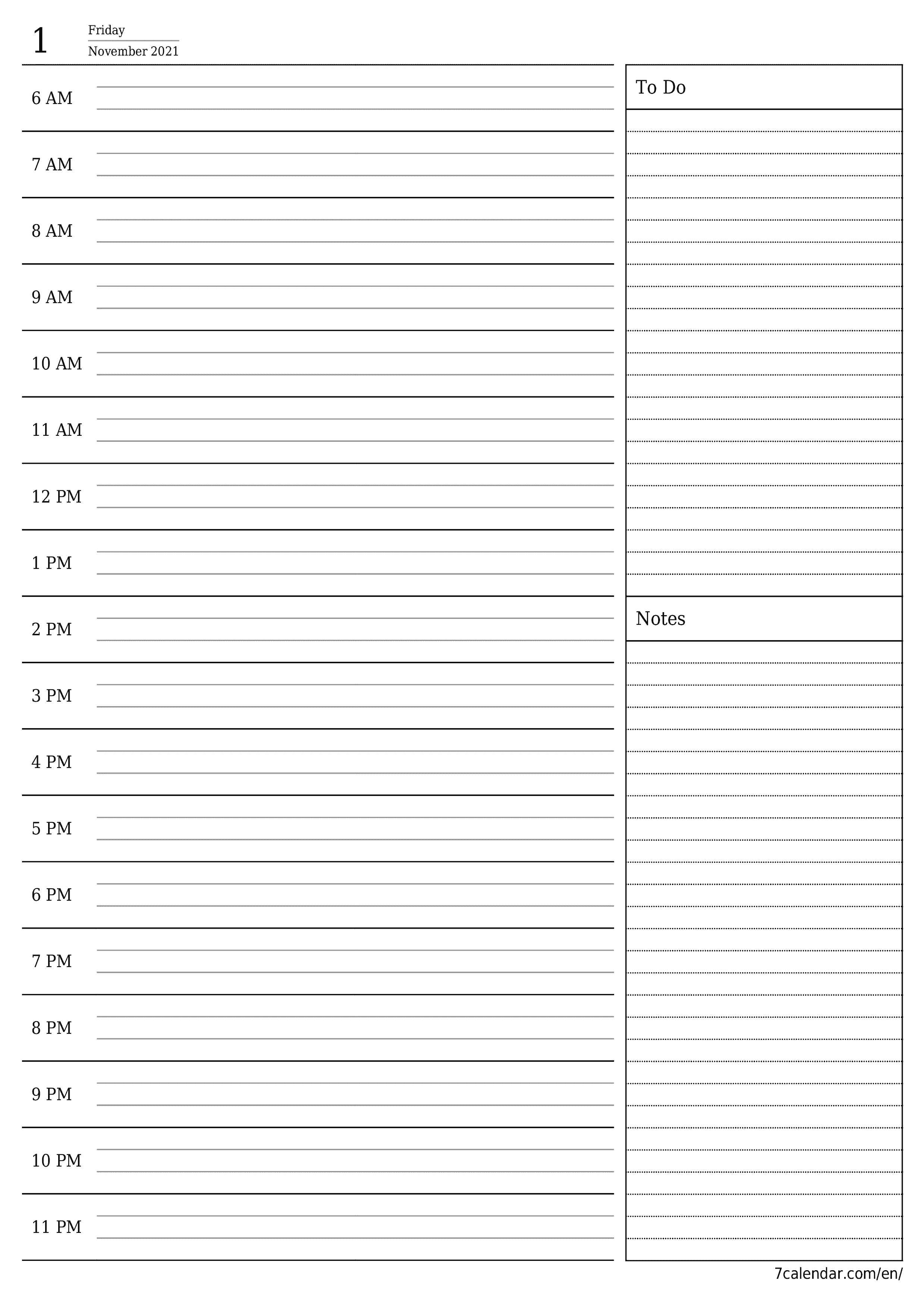 Blank daily printable calendar and planner for day November 2021 with notes, save and print to PDF PNG English