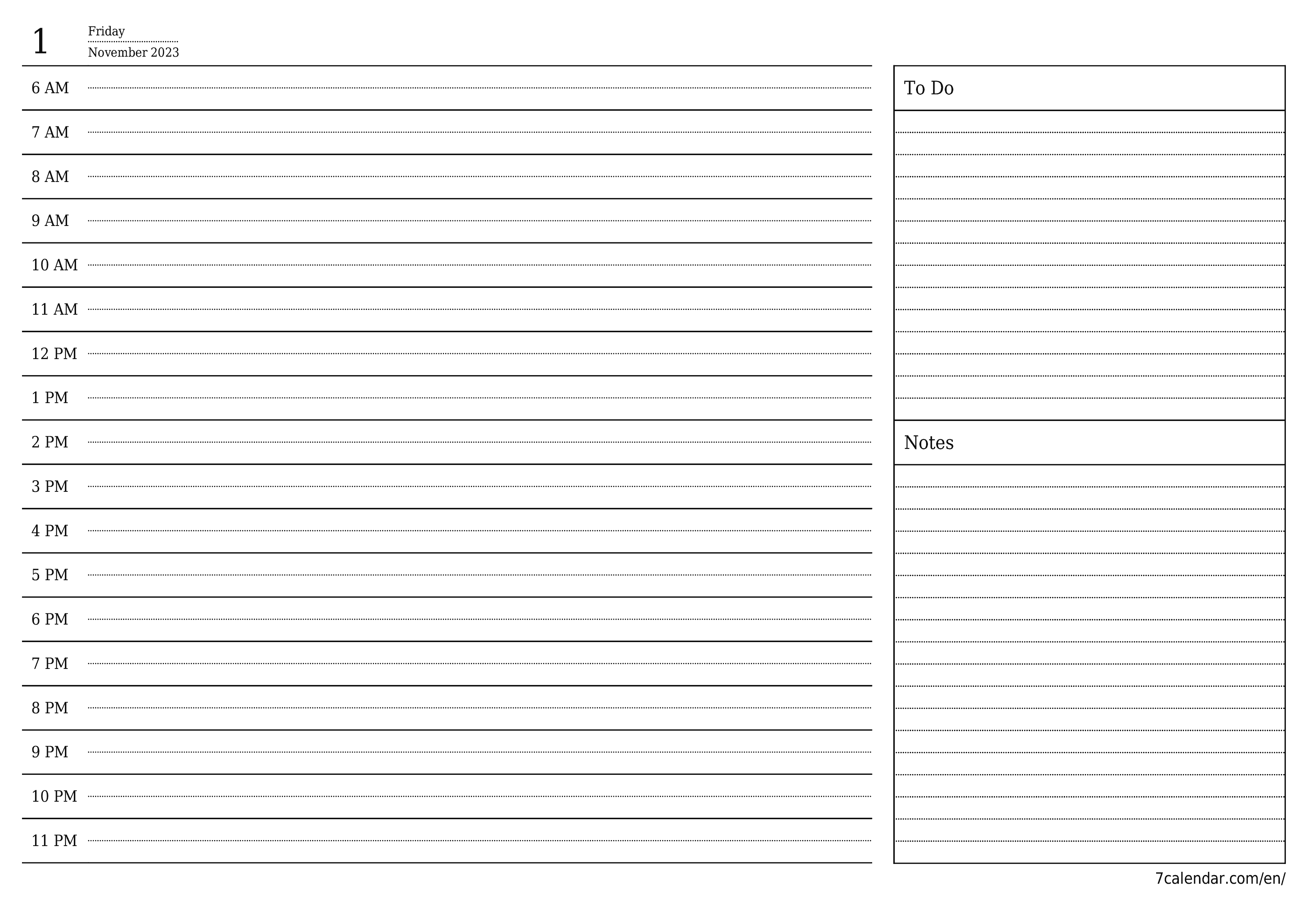 Blank daily printable calendar and planner for day November 2023 with notes, save and print to PDF PNG English - 7calendar.com