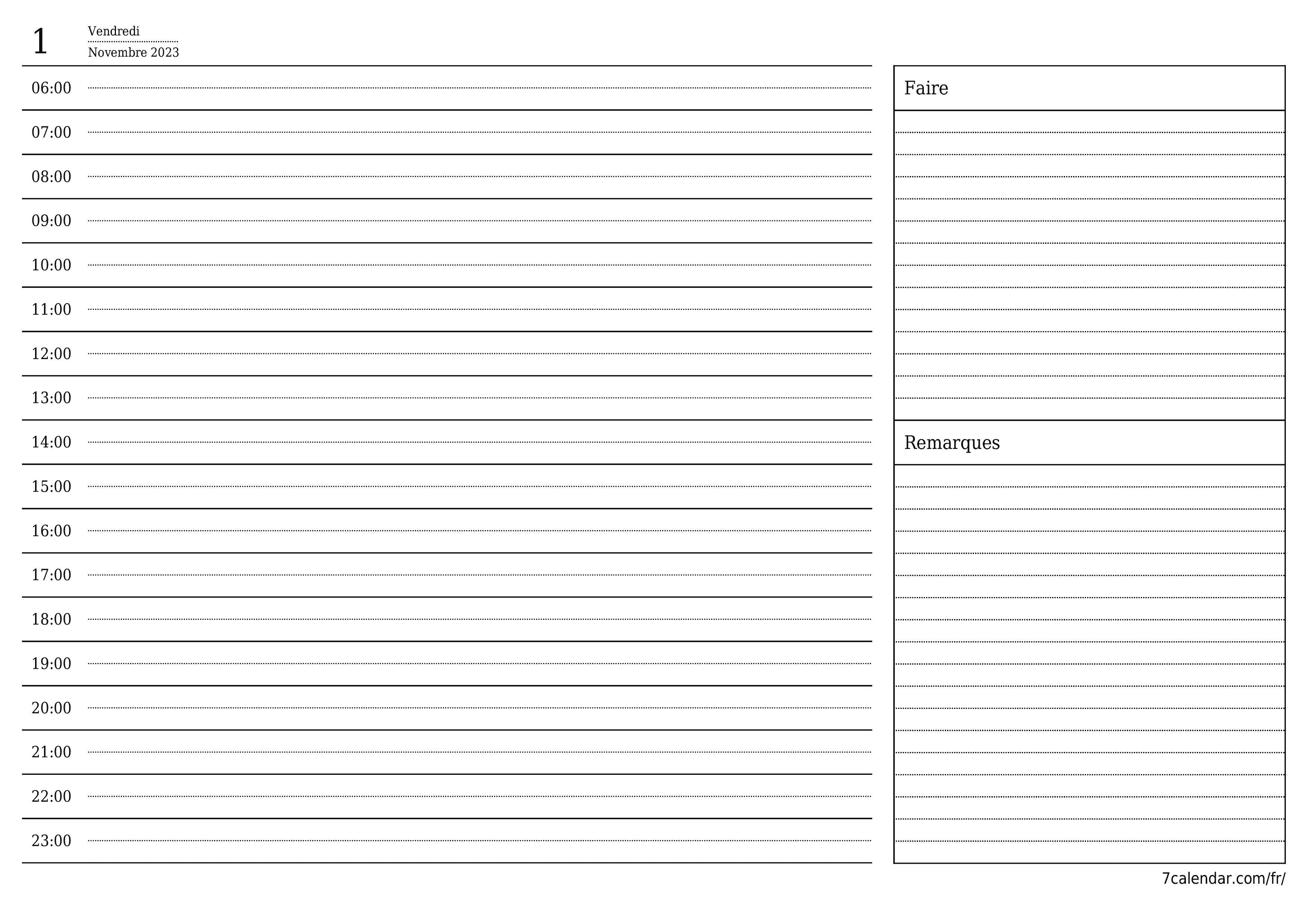 Agenda quotidien vide pour la journée Novembre 2023 avec notes, enregistrez et imprimez au format PDF PNG French