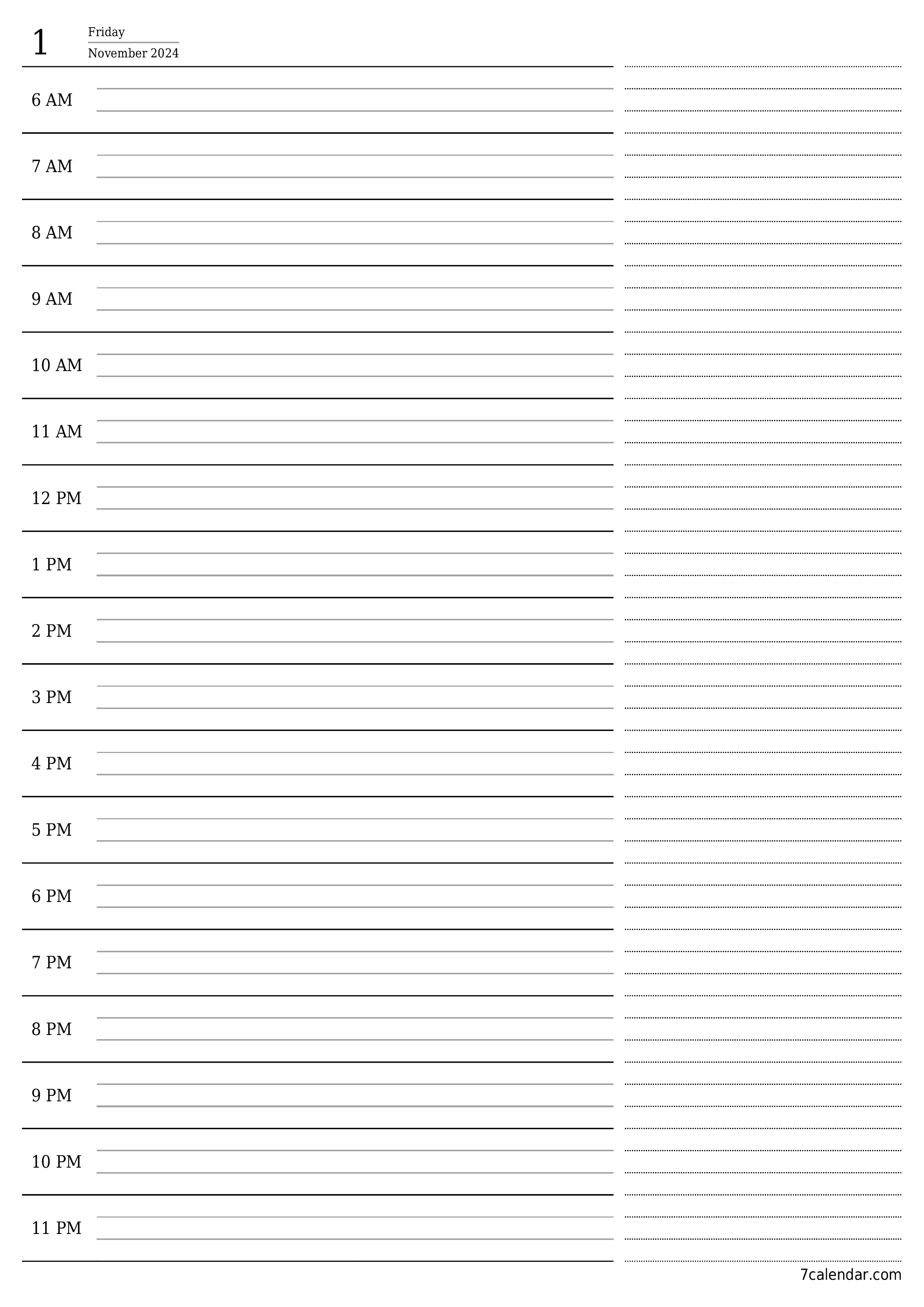 Blank daily printable calendar and planner for day November 2024 with notes, save and print to PDF PNG English