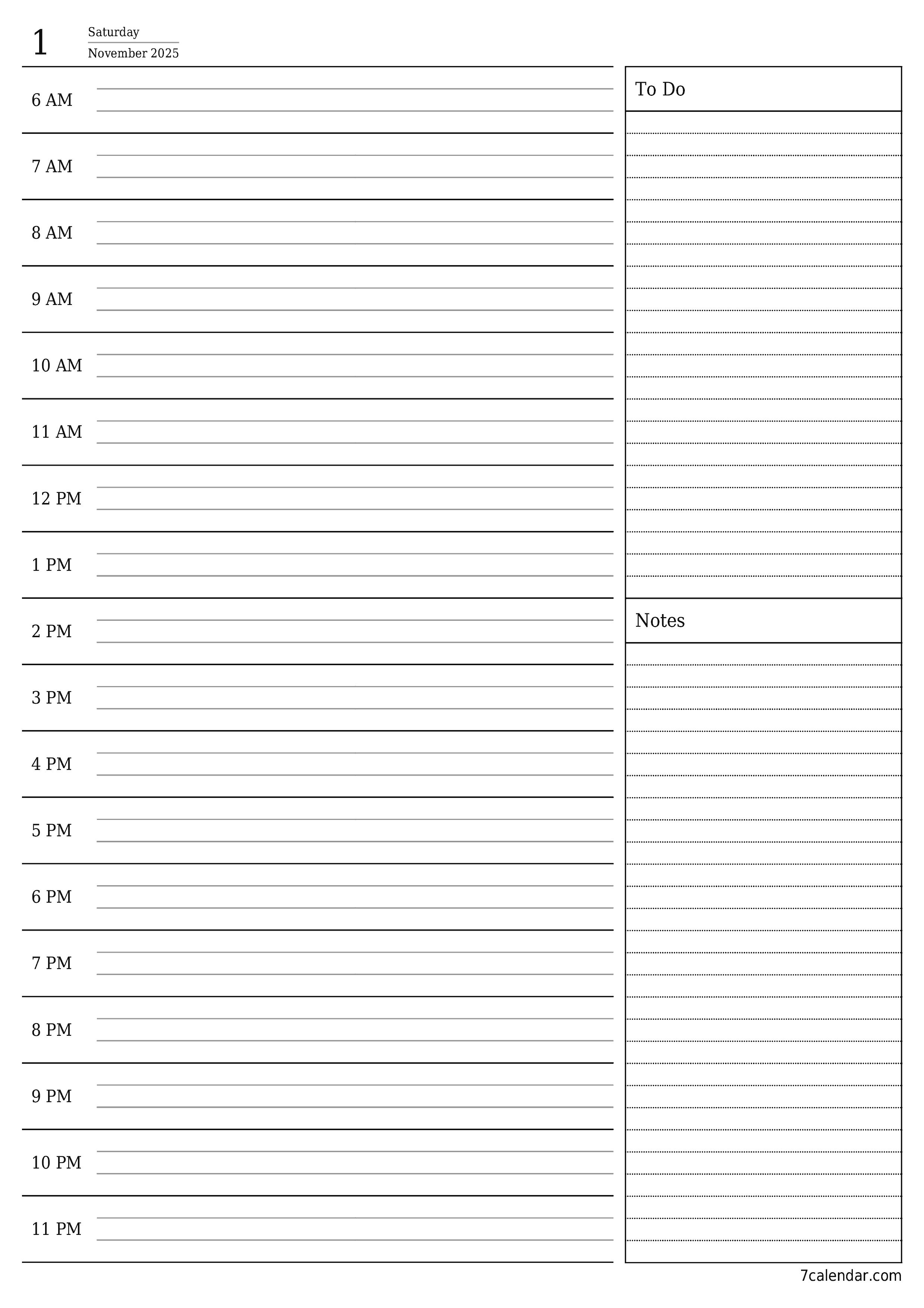 Blank daily printable calendar and planner for day November 2025 with notes, save and print to PDF PNG English