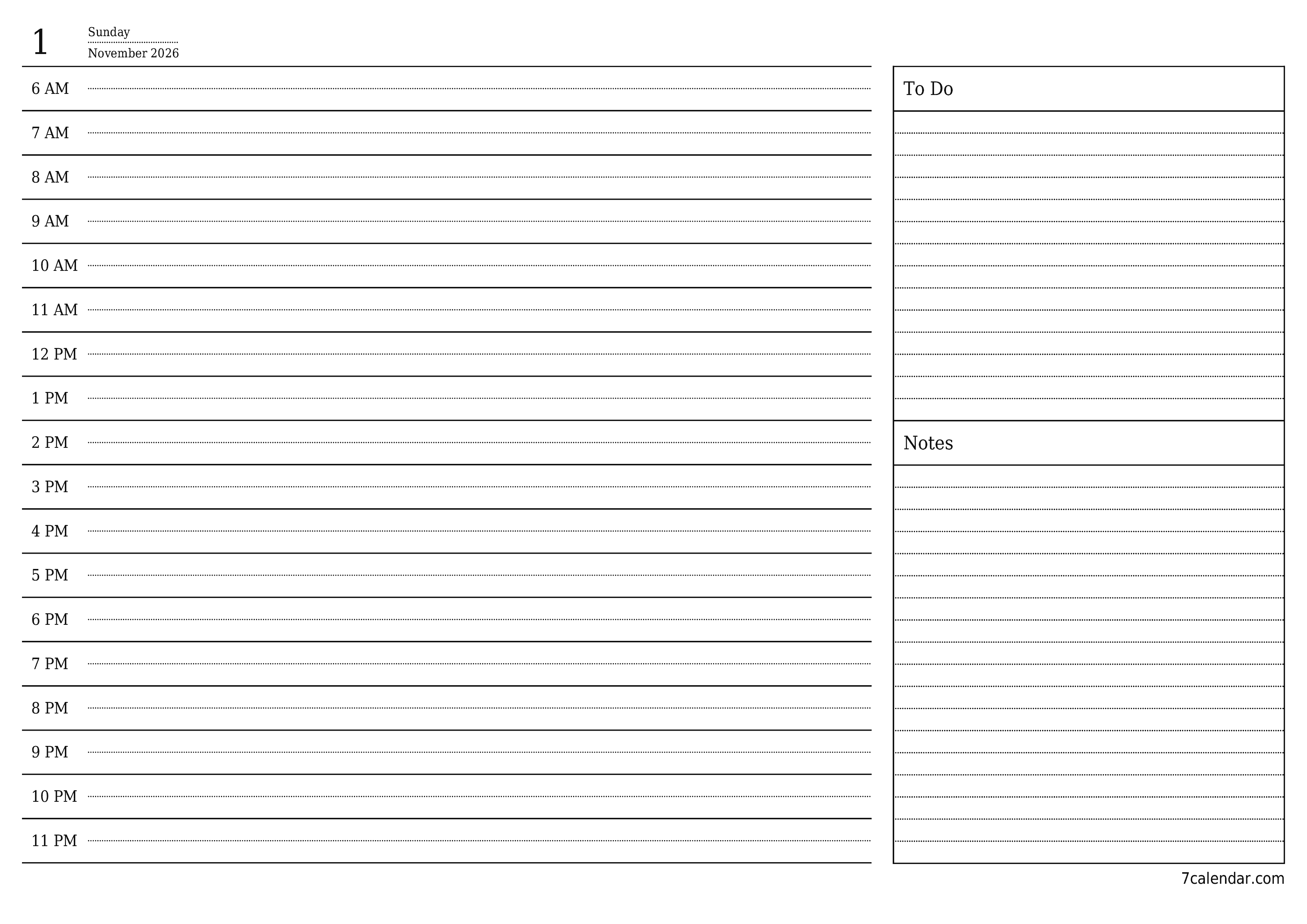 Blank daily printable calendar and planner for day November 2026 with notes, save and print to PDF PNG English