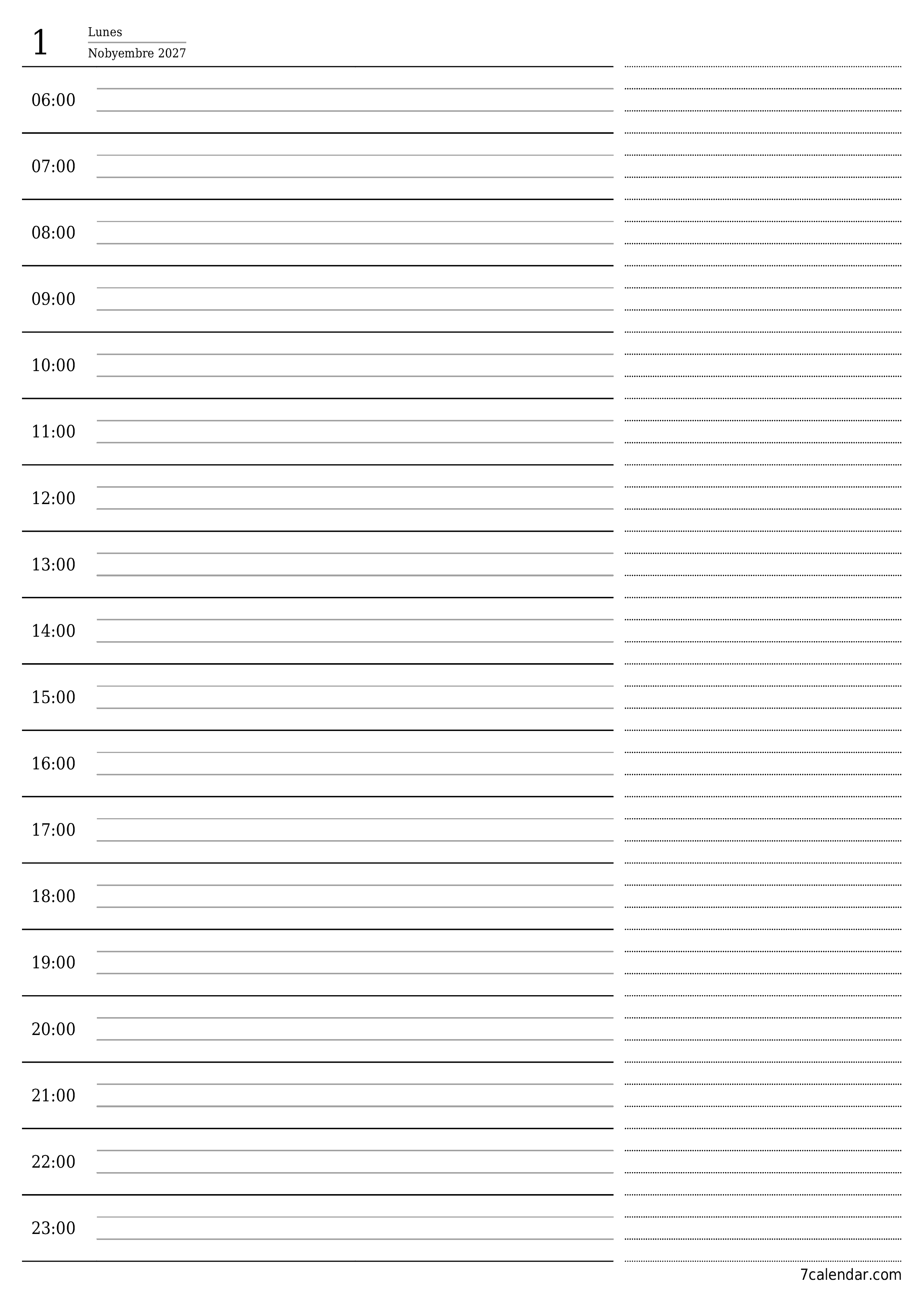 Walang laman araw-araw na tagaplano para sa araw na Nobyembre 2027 na may mga tala, i-save at i-print sa PDF PNG Filipino