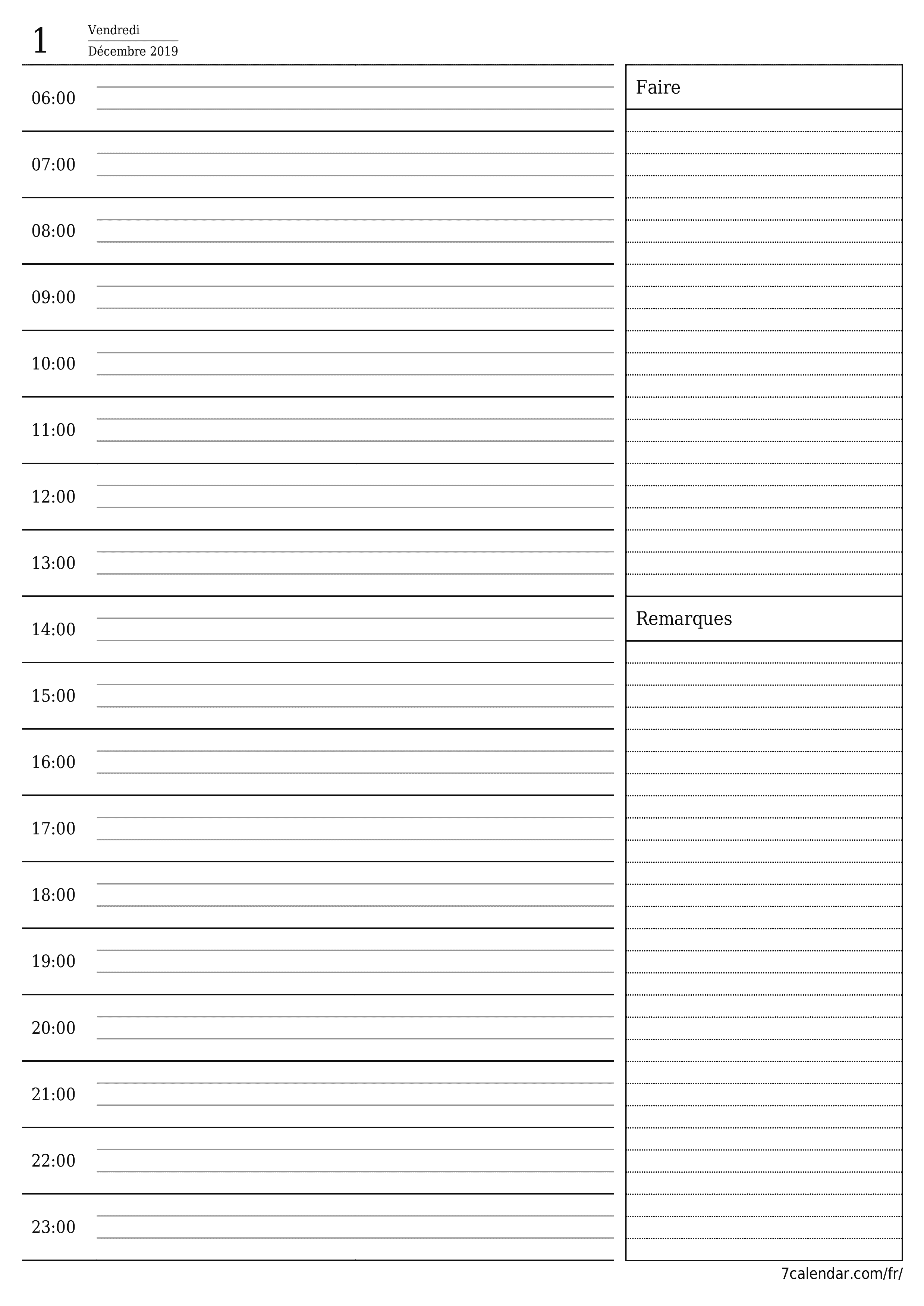 Agenda quotidien vide pour la journée Décembre 2019 avec notes, enregistrez et imprimez au format PDF PNG French