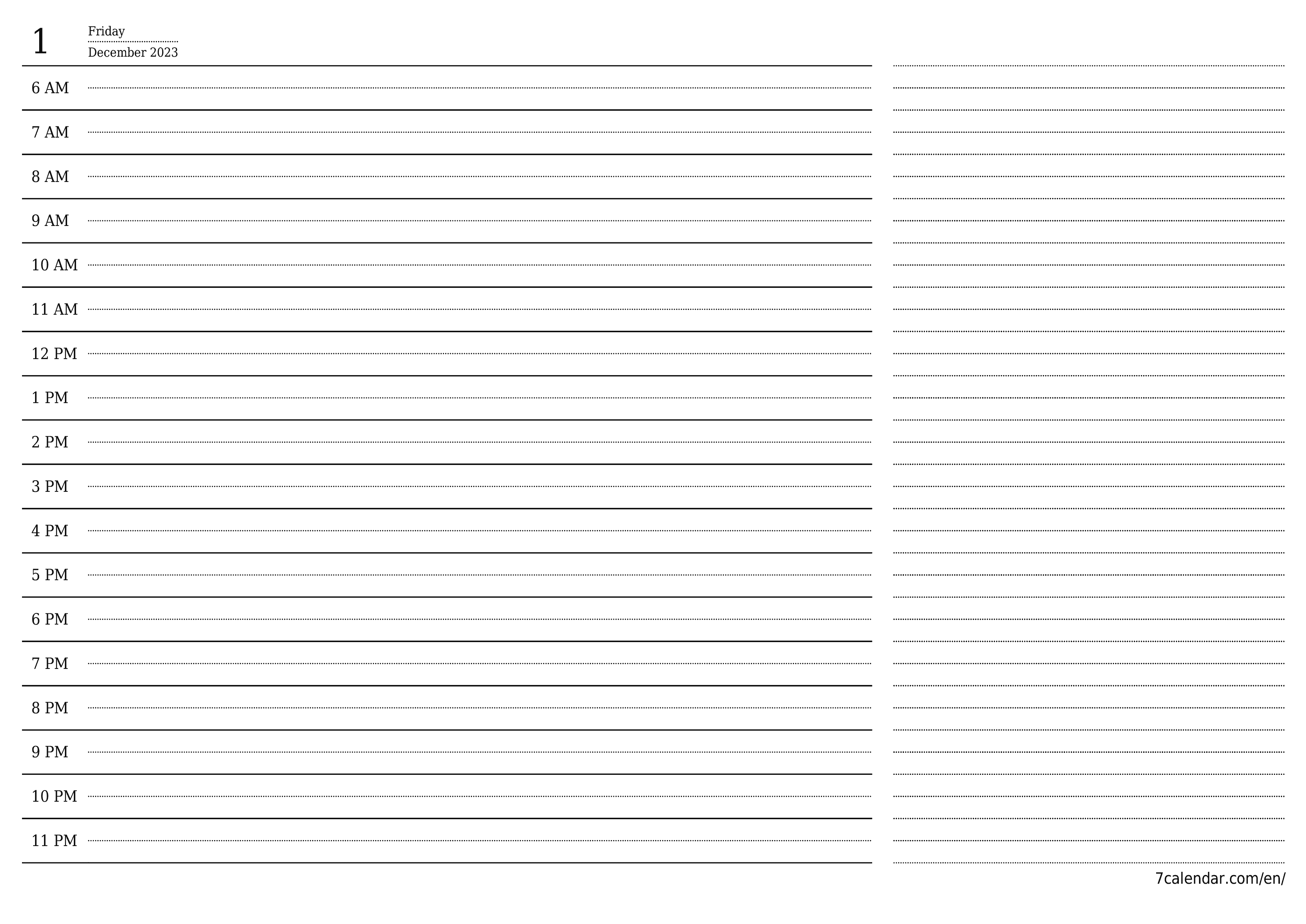 Blank daily printable calendar and planner for day December 2023 with notes, save and print to PDF PNG English
