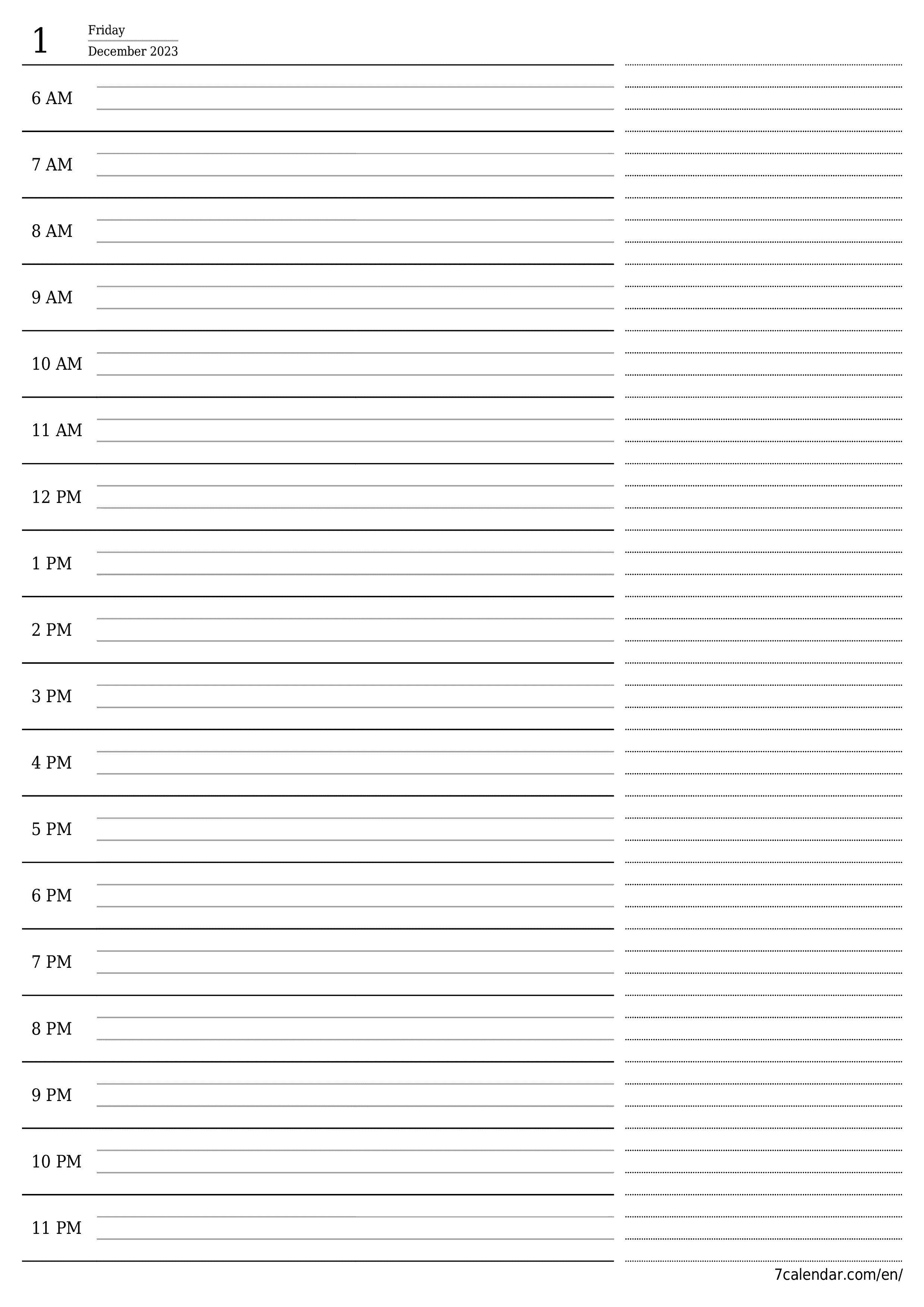 Blank daily printable calendar and planner for day December 2023 with notes, save and print to PDF PNG English
