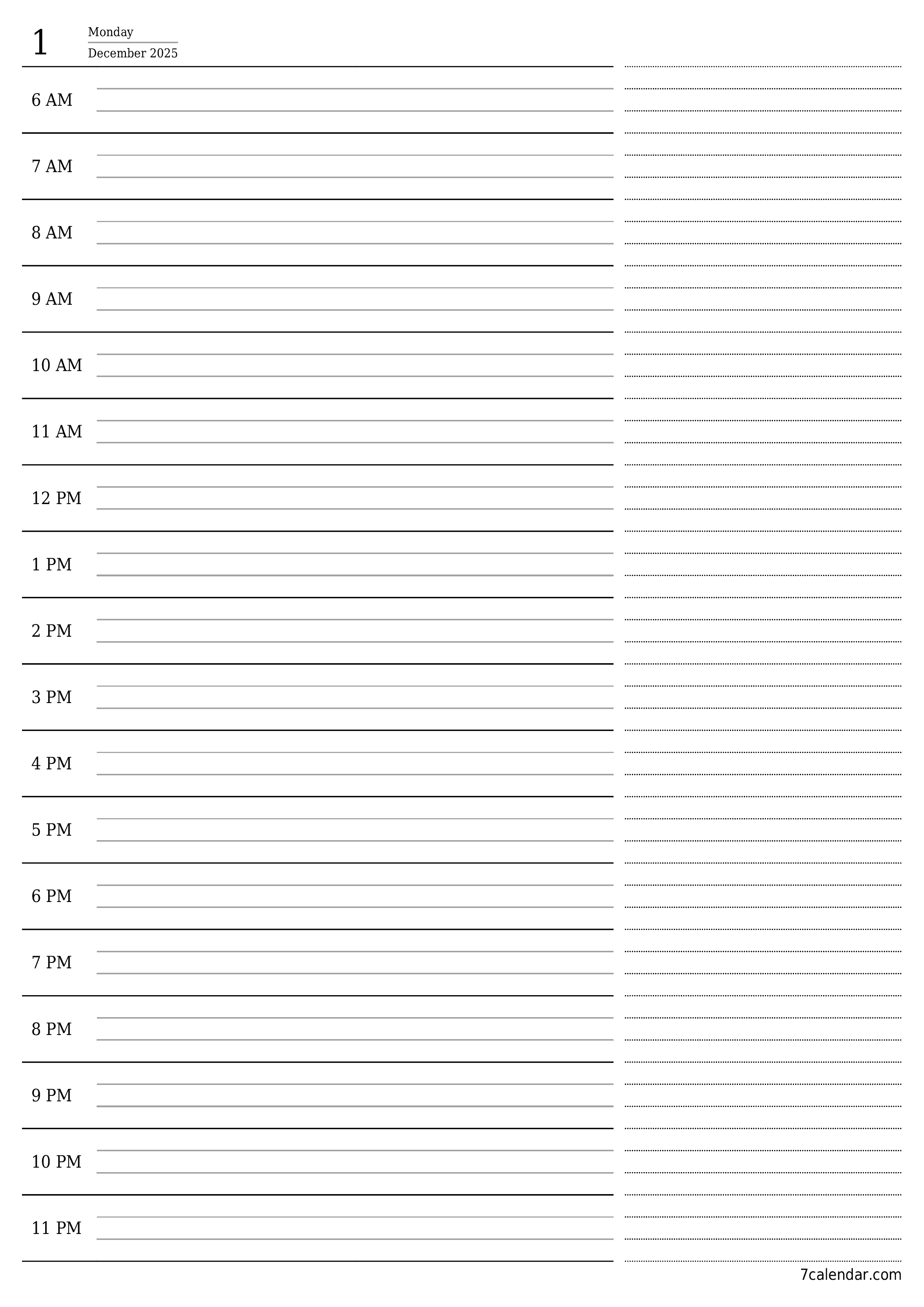 Blank daily printable calendar and planner for day December 2025 with notes, save and print to PDF PNG English