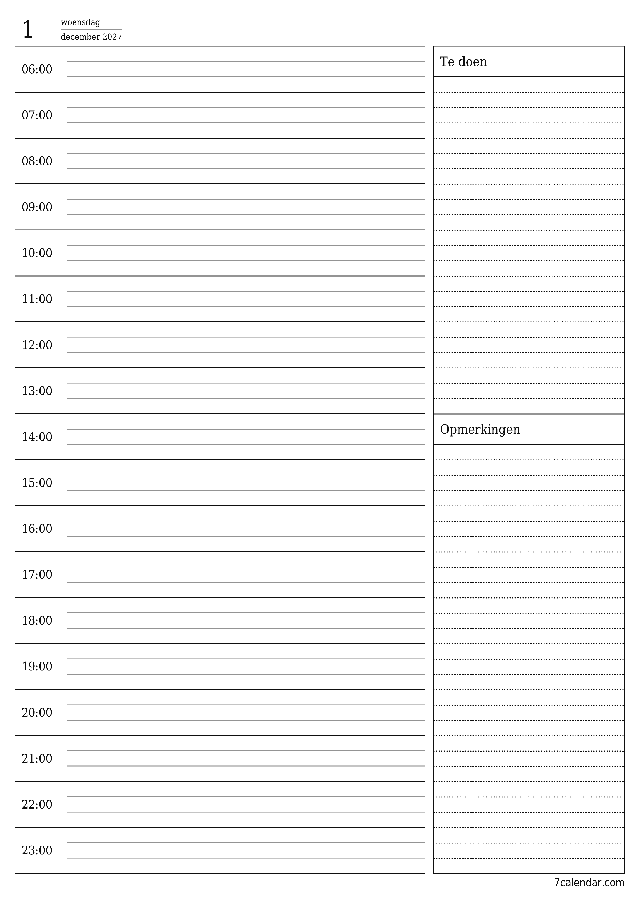 Lege dagelijkse planner voor dag december 2027 met notities, opslaan en afdrukken naar pdf PNG Dutch