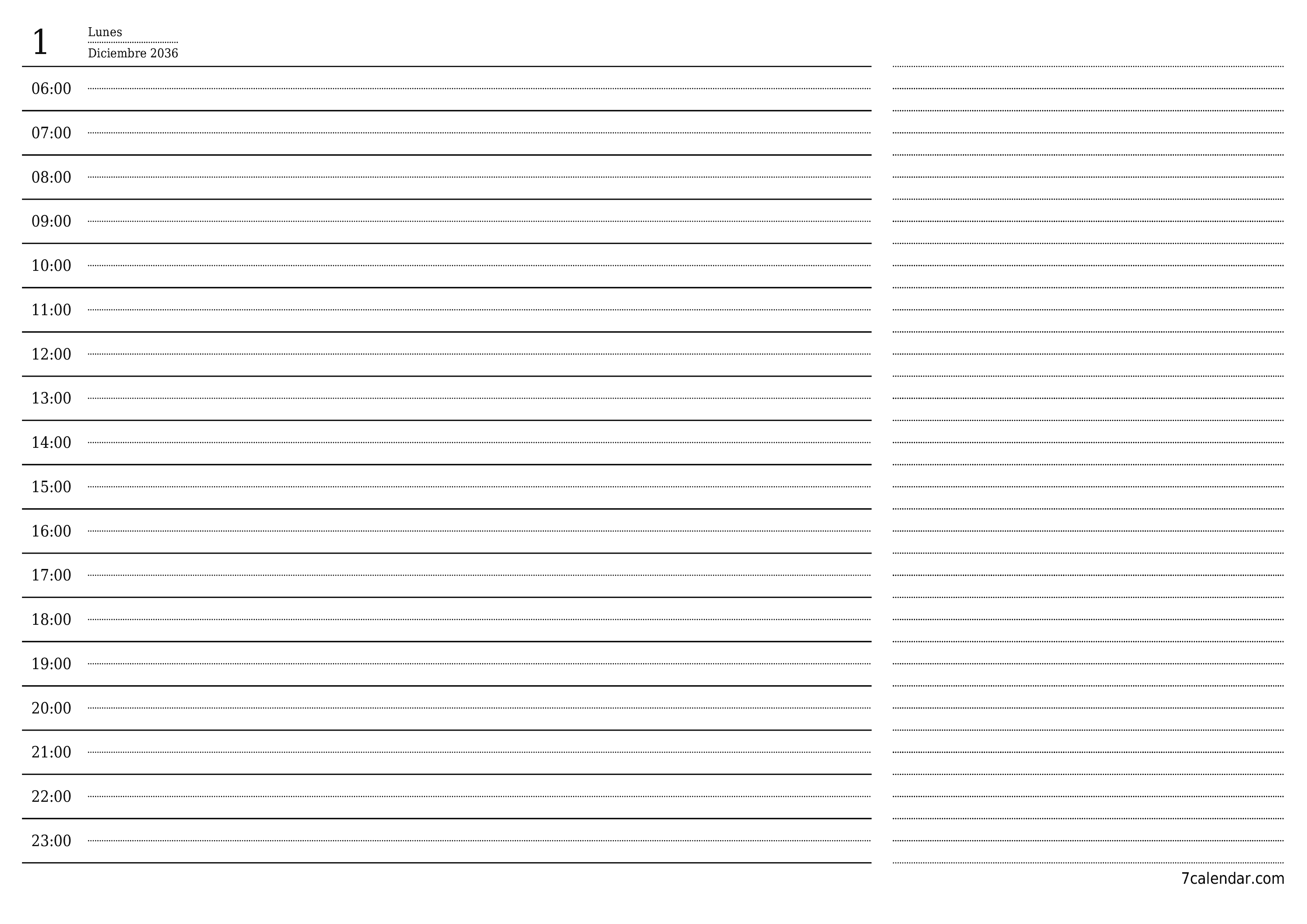 Planificador diario vacío para el día Diciembre 2036 con notas, guardar e imprimir en PDF PNG Spanish