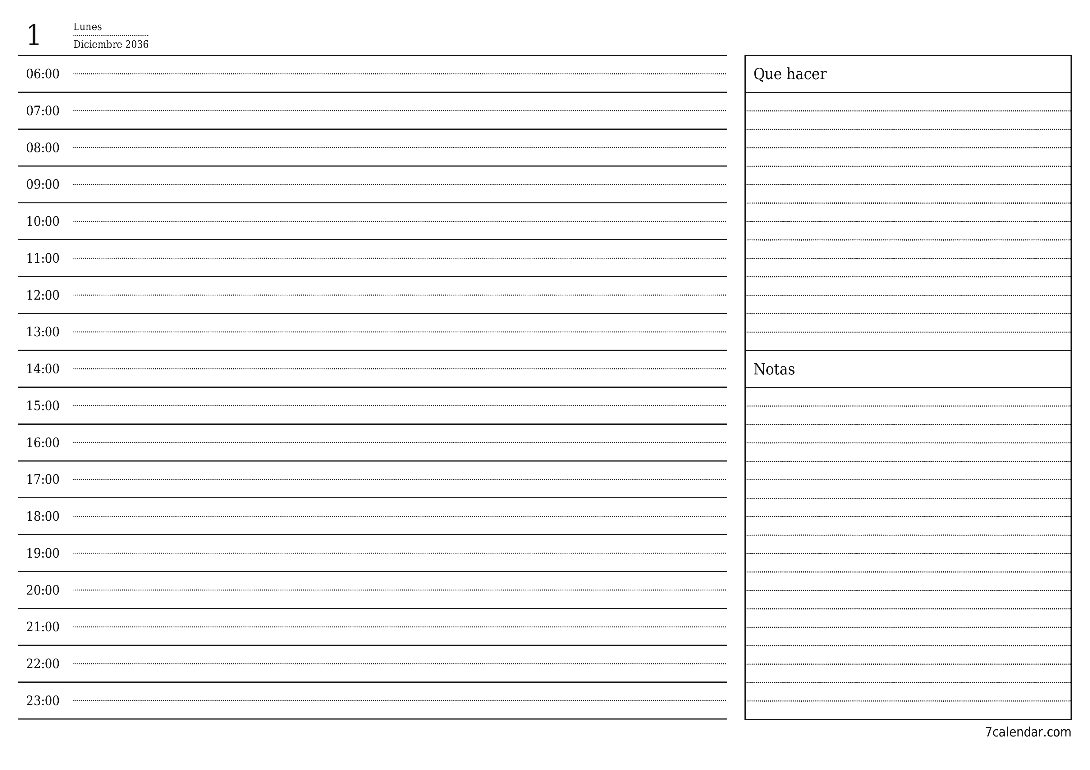 Planificador diario vacío para el día Diciembre 2036 con notas, guardar e imprimir en PDF PNG Spanish