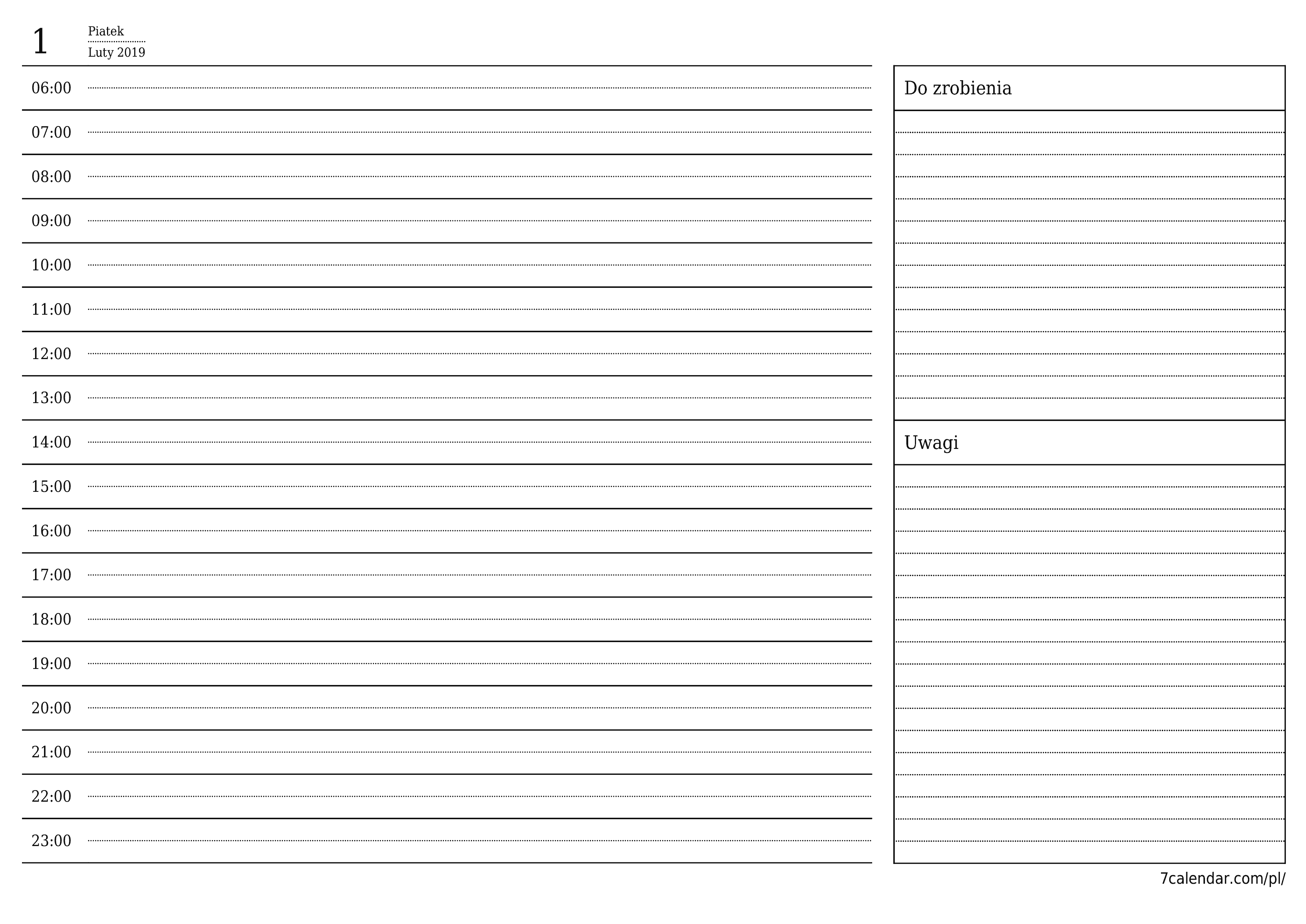 Opróżnij planer dzienny na dzień Luty 2019 z notatkami, zapisz i wydrukuj w formacie PDF PNG Polish