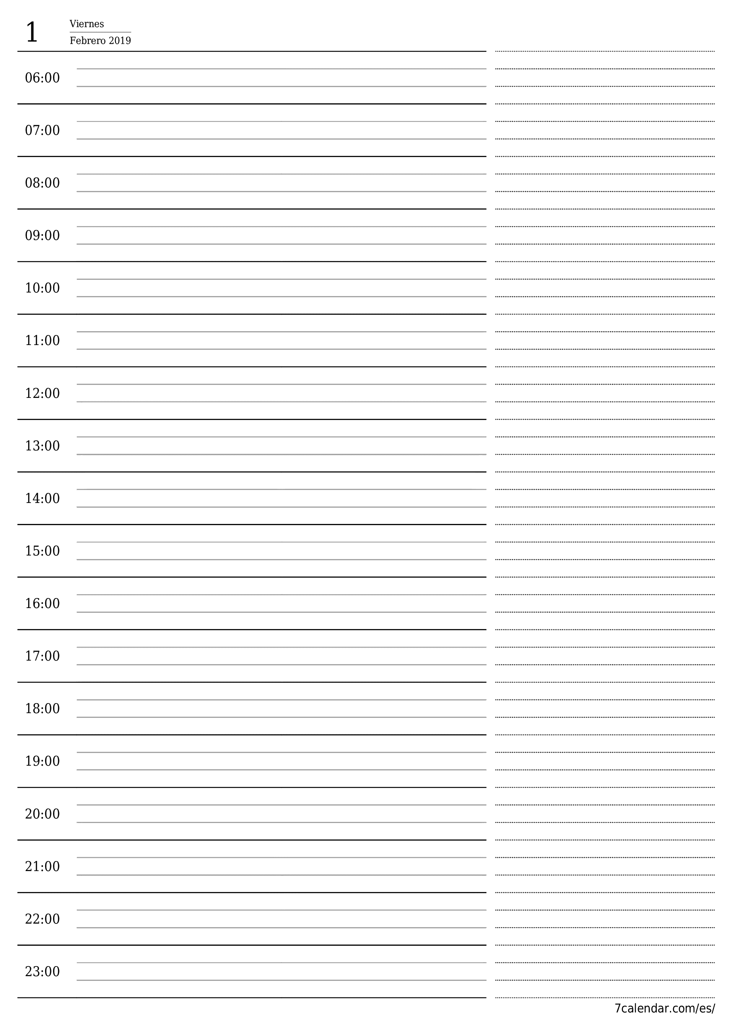 Planificador diario vacío para el día Febrero 2019 con notas, guardar e imprimir en PDF PNG Spanish