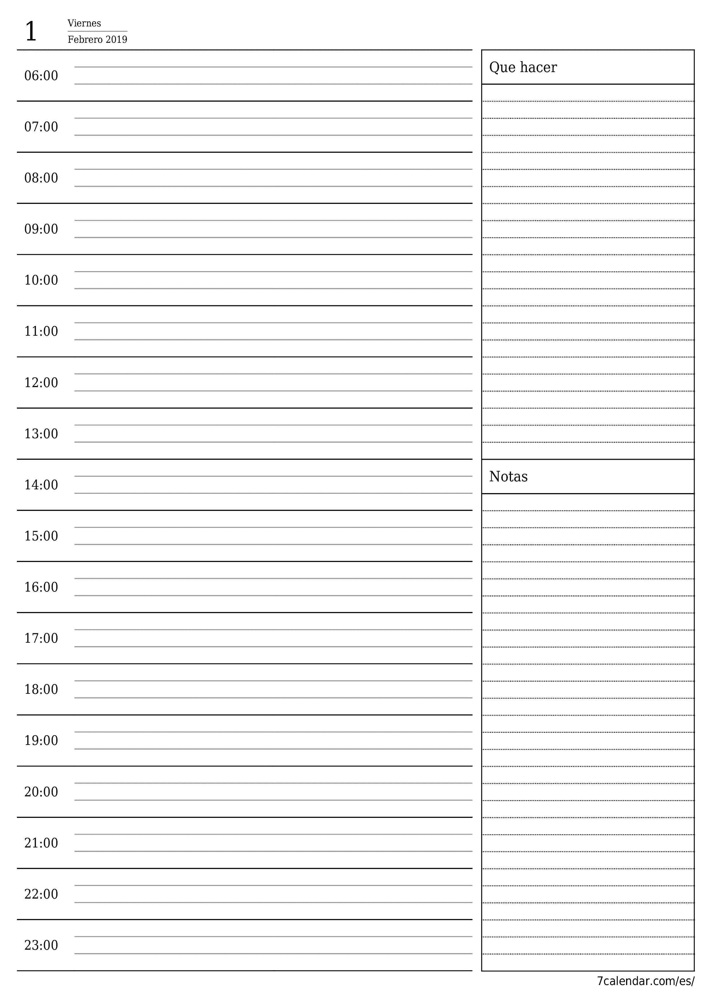 Planificador diario vacío para el día Febrero 2019 con notas, guardar e imprimir en PDF PNG Spanish