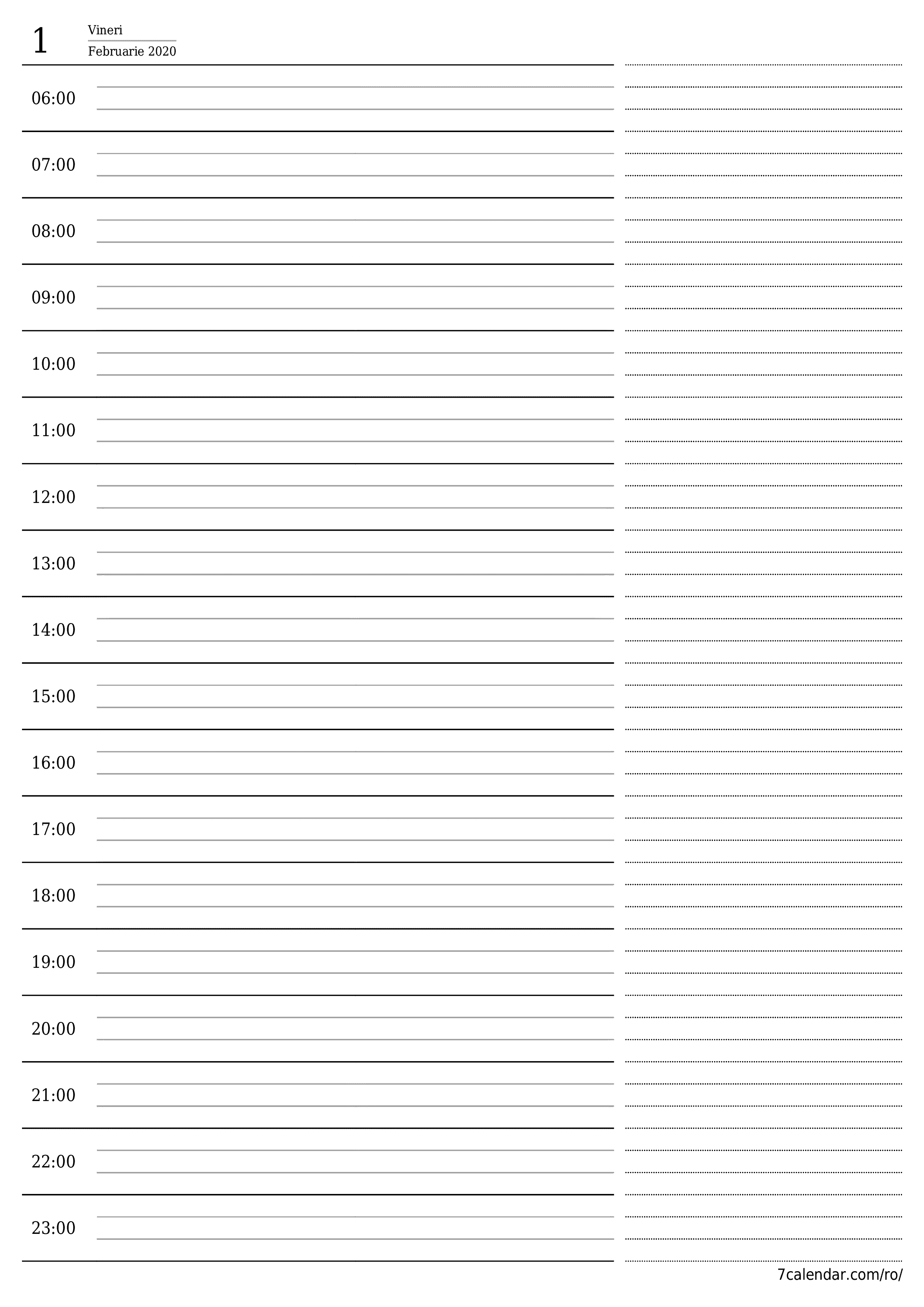 Goliți planificatorul zilnic pentru ziua Februarie 2020 cu note, salvați și tipăriți în PDF PNG Romanian