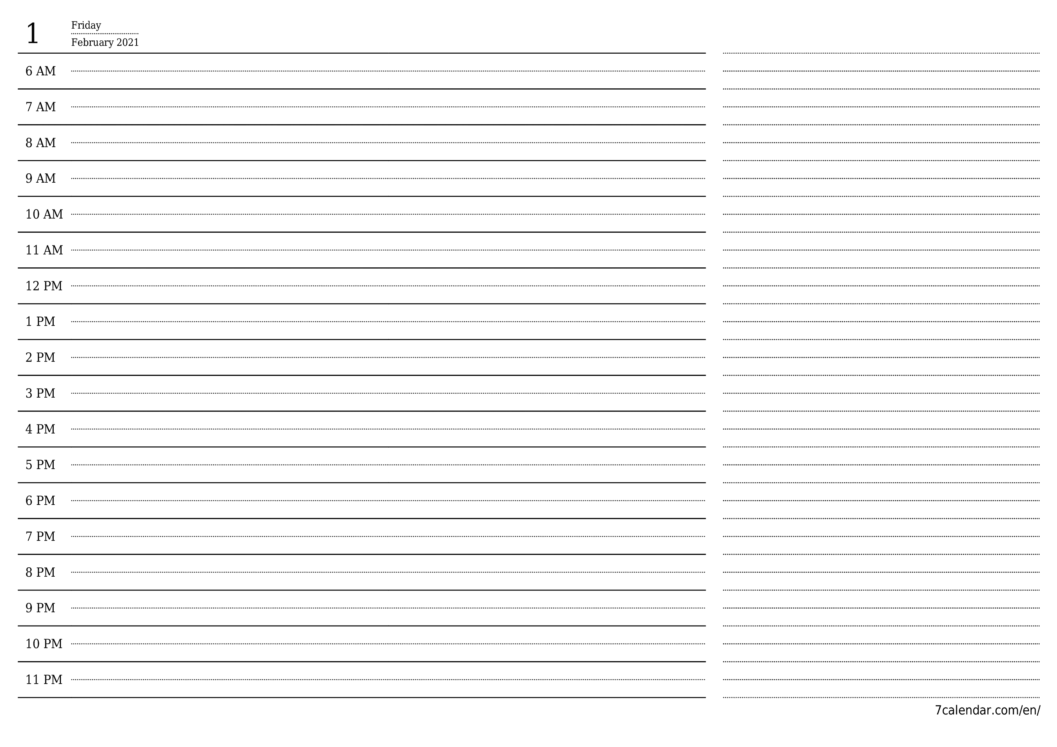 Blank daily printable calendar and planner for day February 2021 with notes, save and print to PDF PNG English