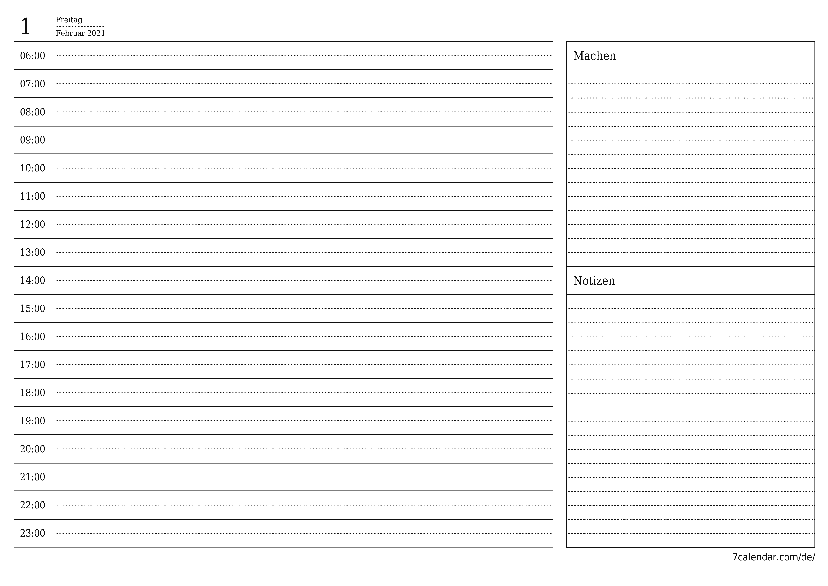 Tagesplaner für Tag Februar 2021 mit Notizen leeren, speichern und als PDF drucken PNG German