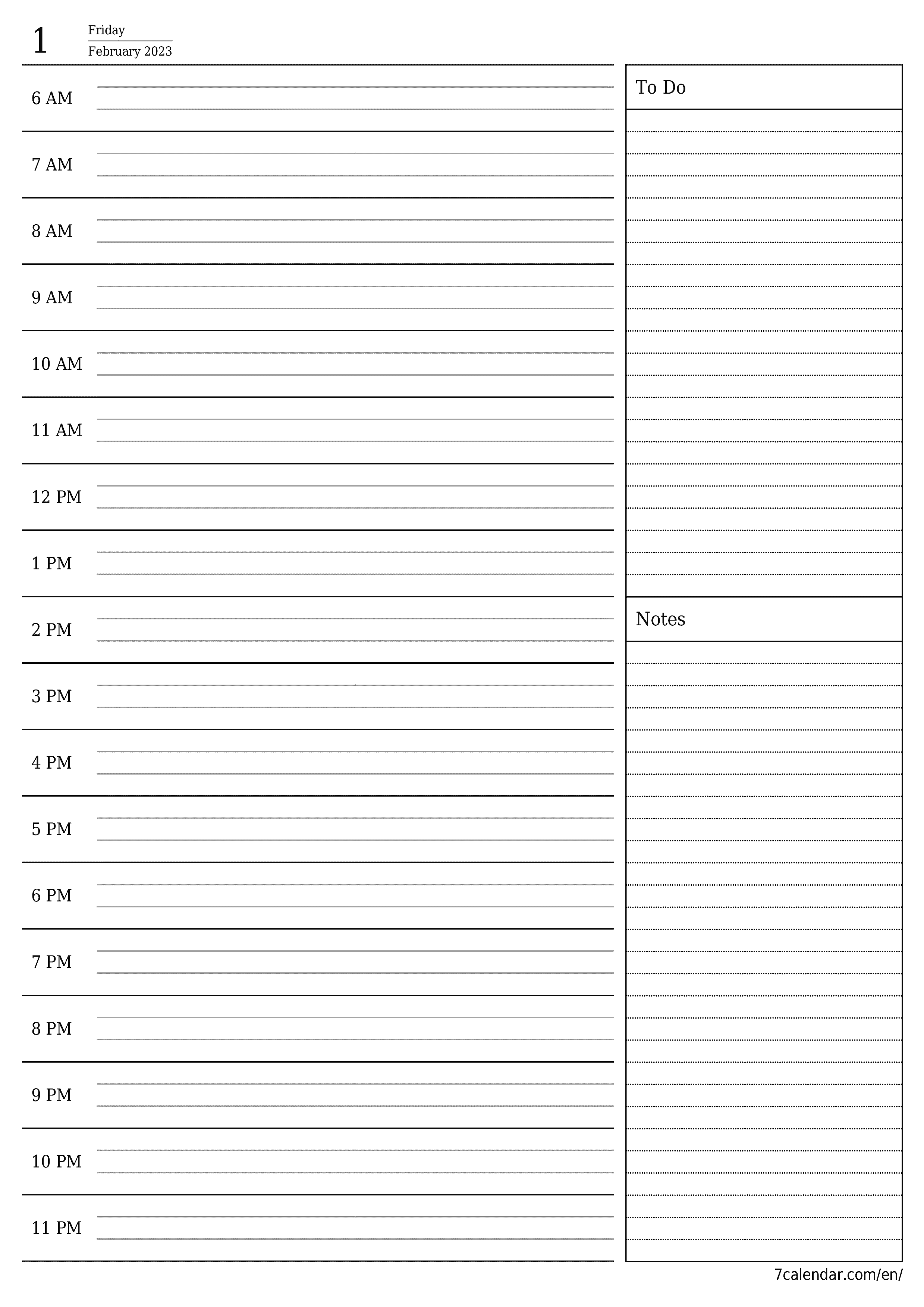 Blank daily printable calendar and planner for day February 2023 with notes, save and print to PDF PNG English - 7calendar.com