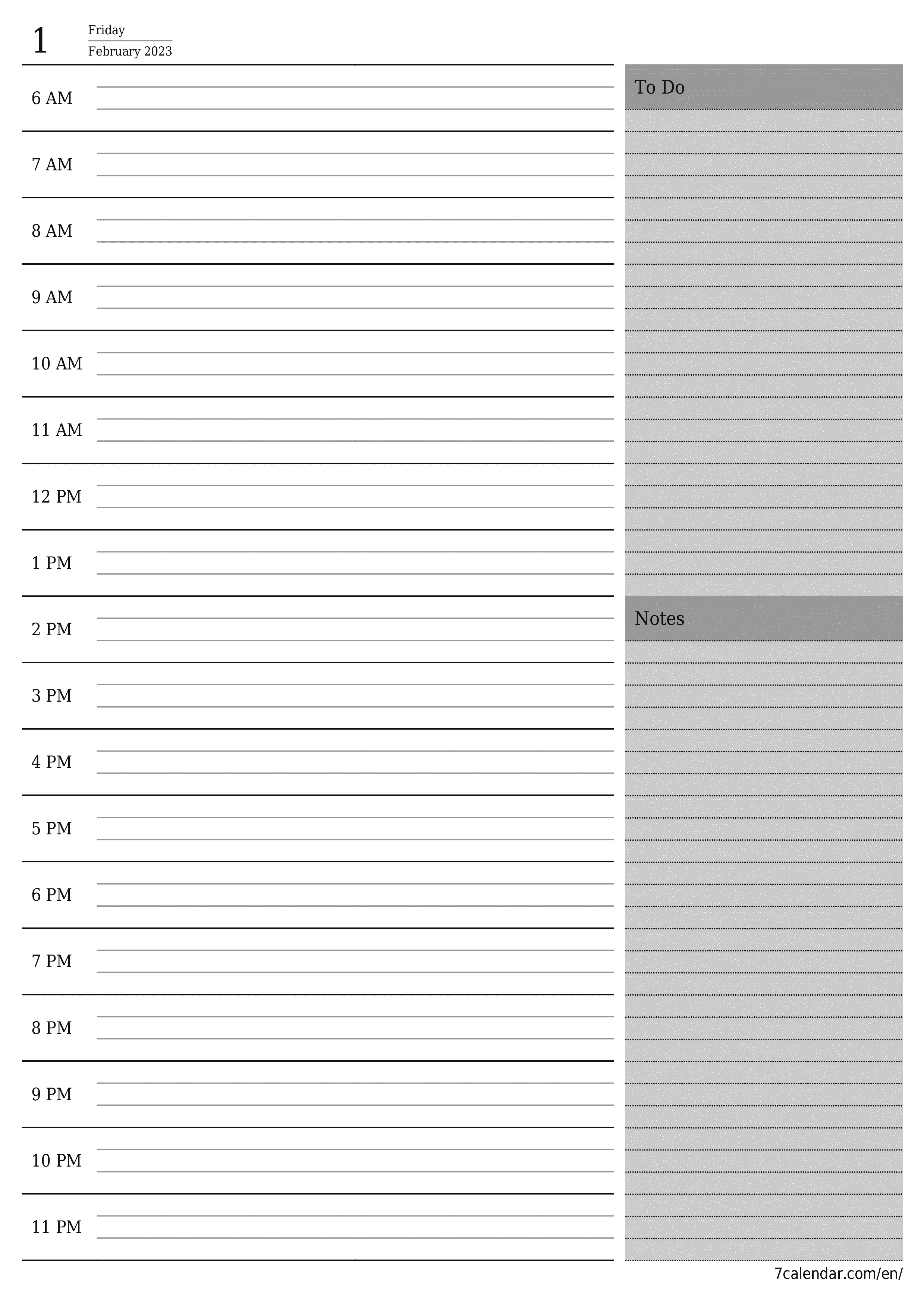 Blank daily printable calendar and planner for day February 2023 with notes, save and print to PDF PNG English