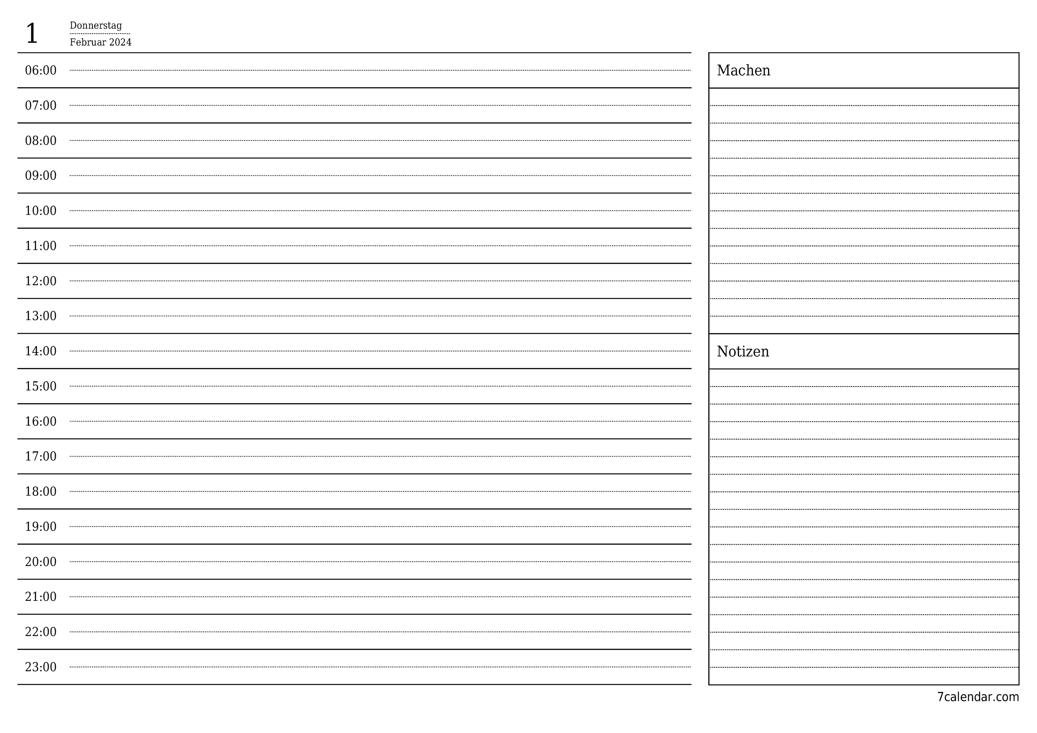 Tagesplaner für Tag Februar 2024 mit Notizen leeren, speichern und als PDF drucken PNG German