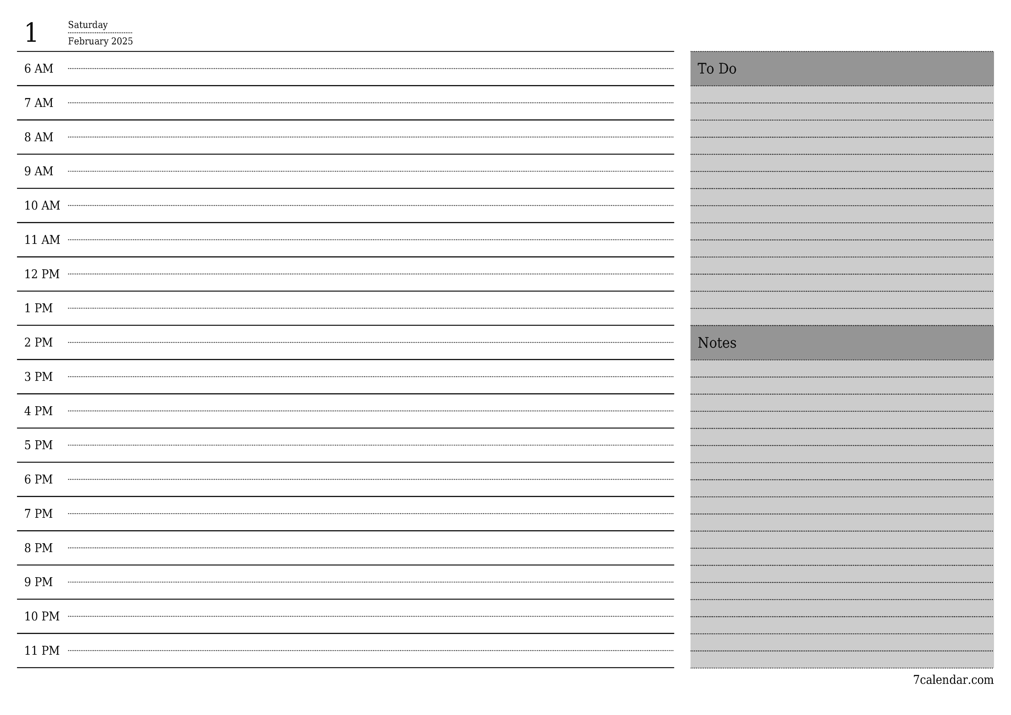 Blank daily printable calendar and planner for day February 2025 with notes, save and print to PDF PNG English