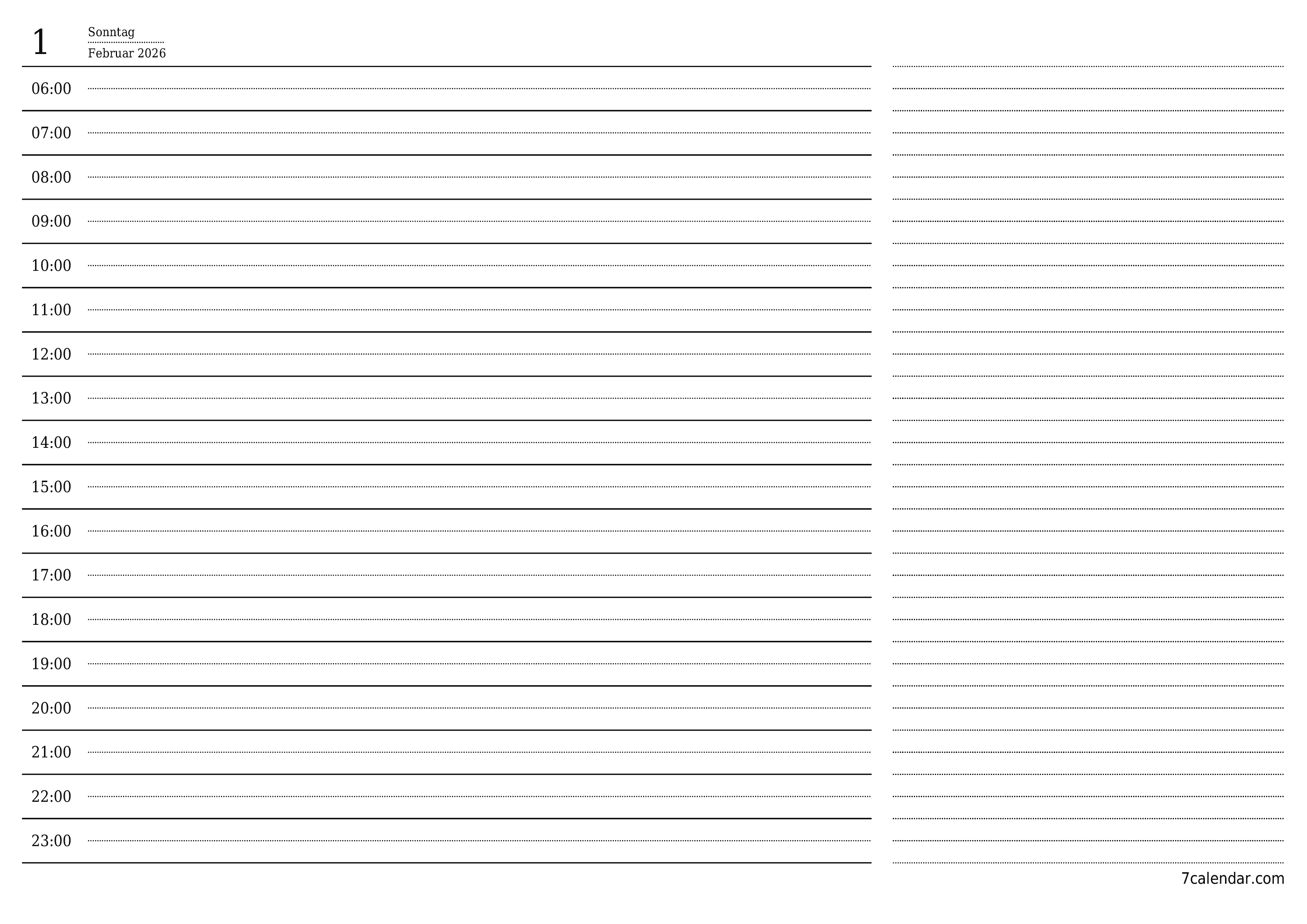 Tagesplaner für Tag Februar 2026 mit Notizen leeren, speichern und als PDF drucken PNG German