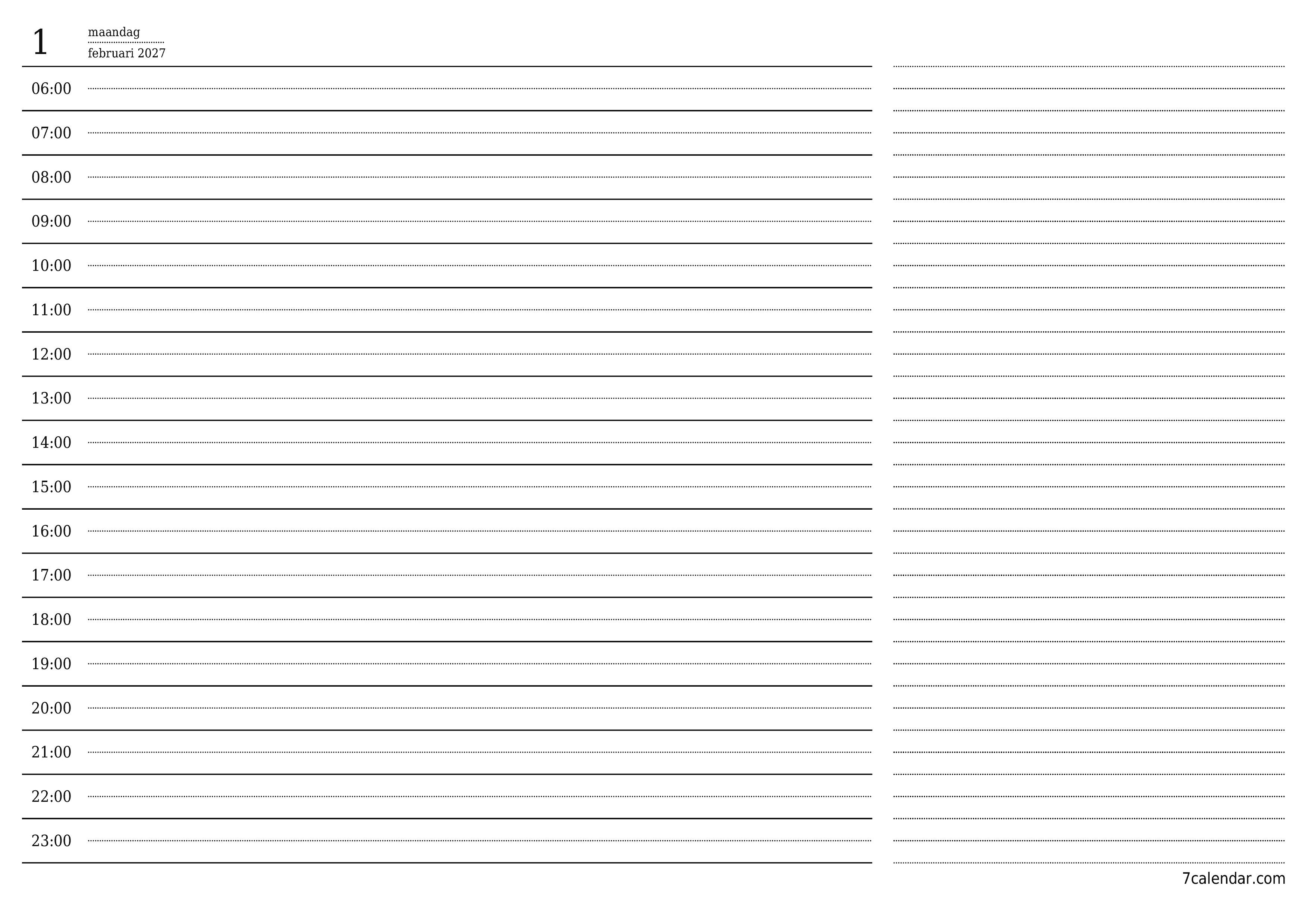 Lege dagelijkse planner voor dag februari 2027 met notities, opslaan en afdrukken naar pdf PNG Dutch