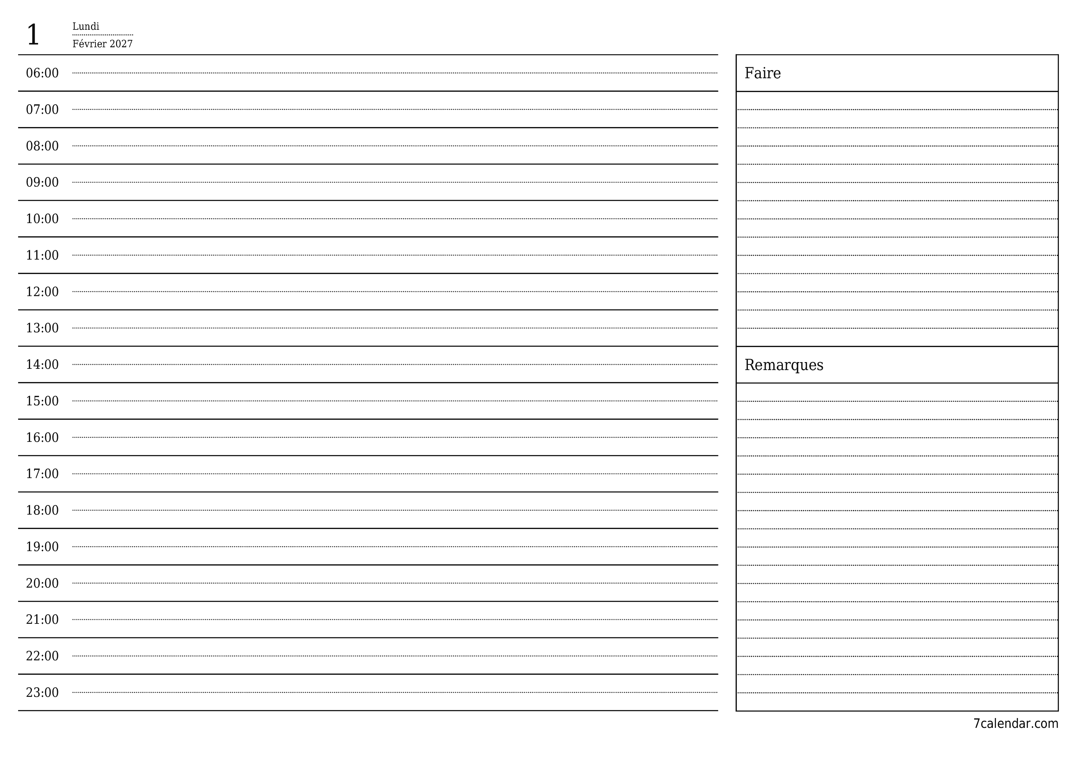 Agenda quotidien vide pour la journée Février 2027 avec notes, enregistrez et imprimez au format PDF PNG French