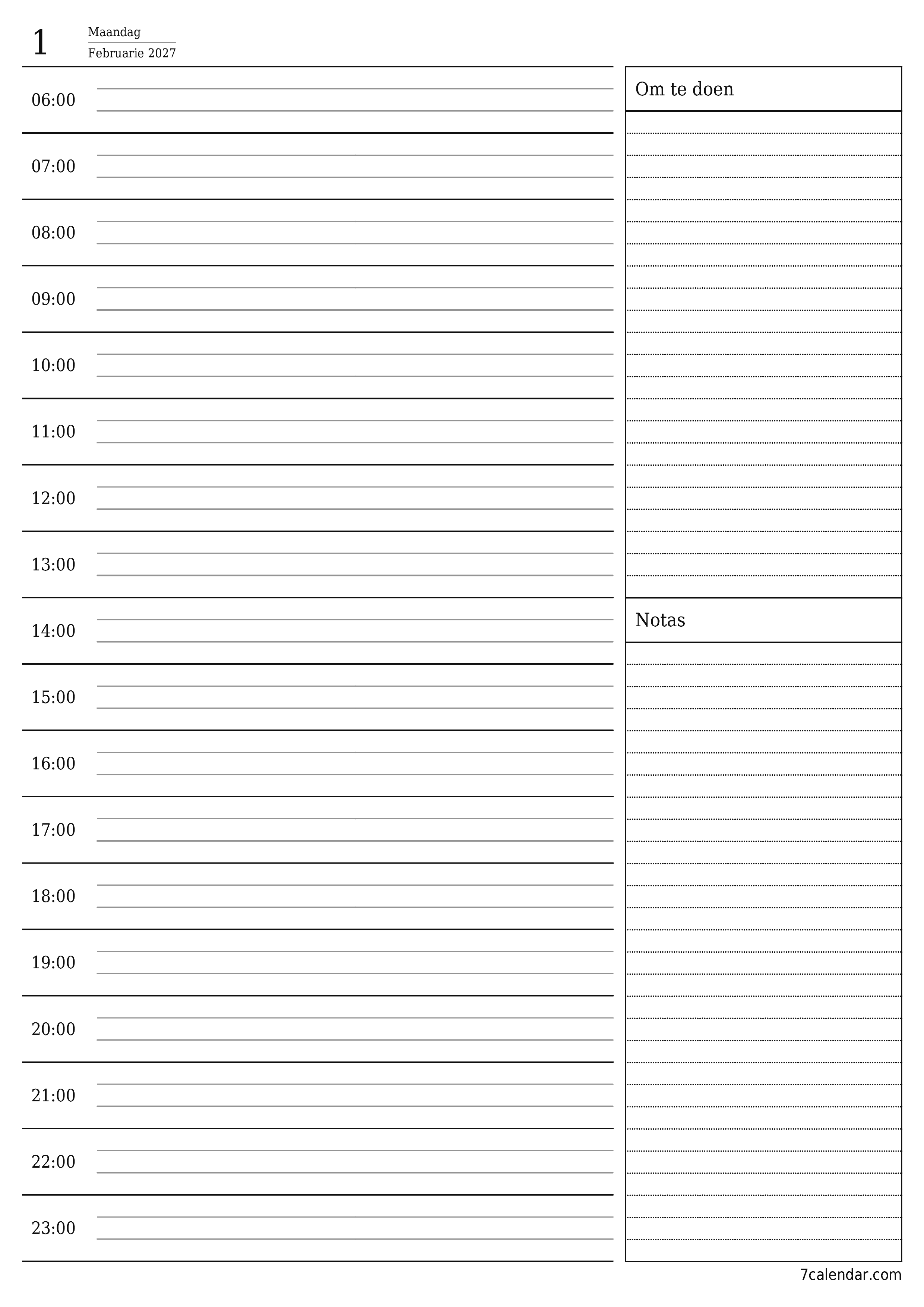 Leë daaglikse drukbare kalender en beplanner vir dag Februarie 2027 met notas, stoor en druk na PDF PNG Afrikaans