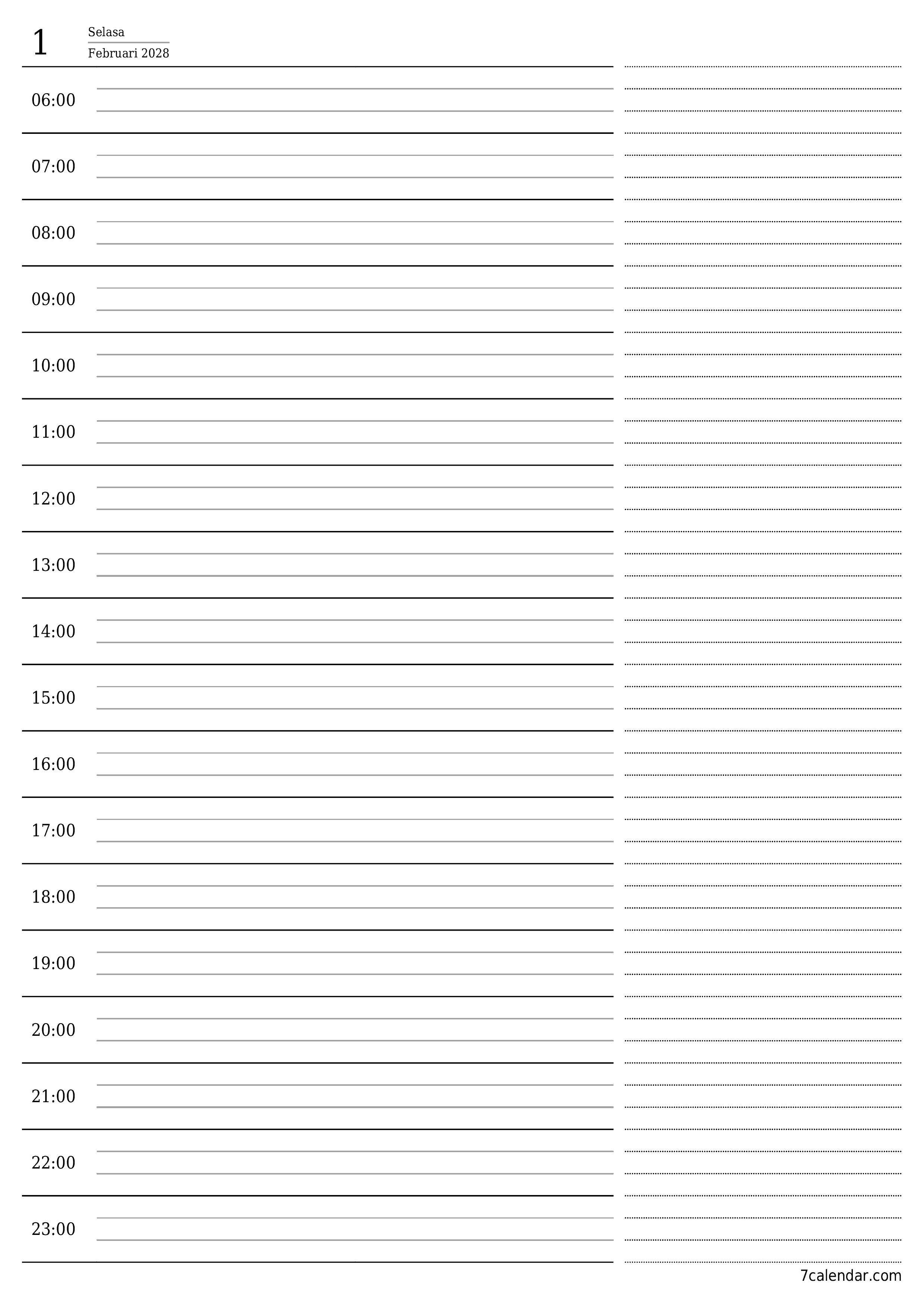 Kosongkan agenda harian untuk hari Februari 2028 dengan catatan, simpan dan cetak ke PDF PNG Indonesian