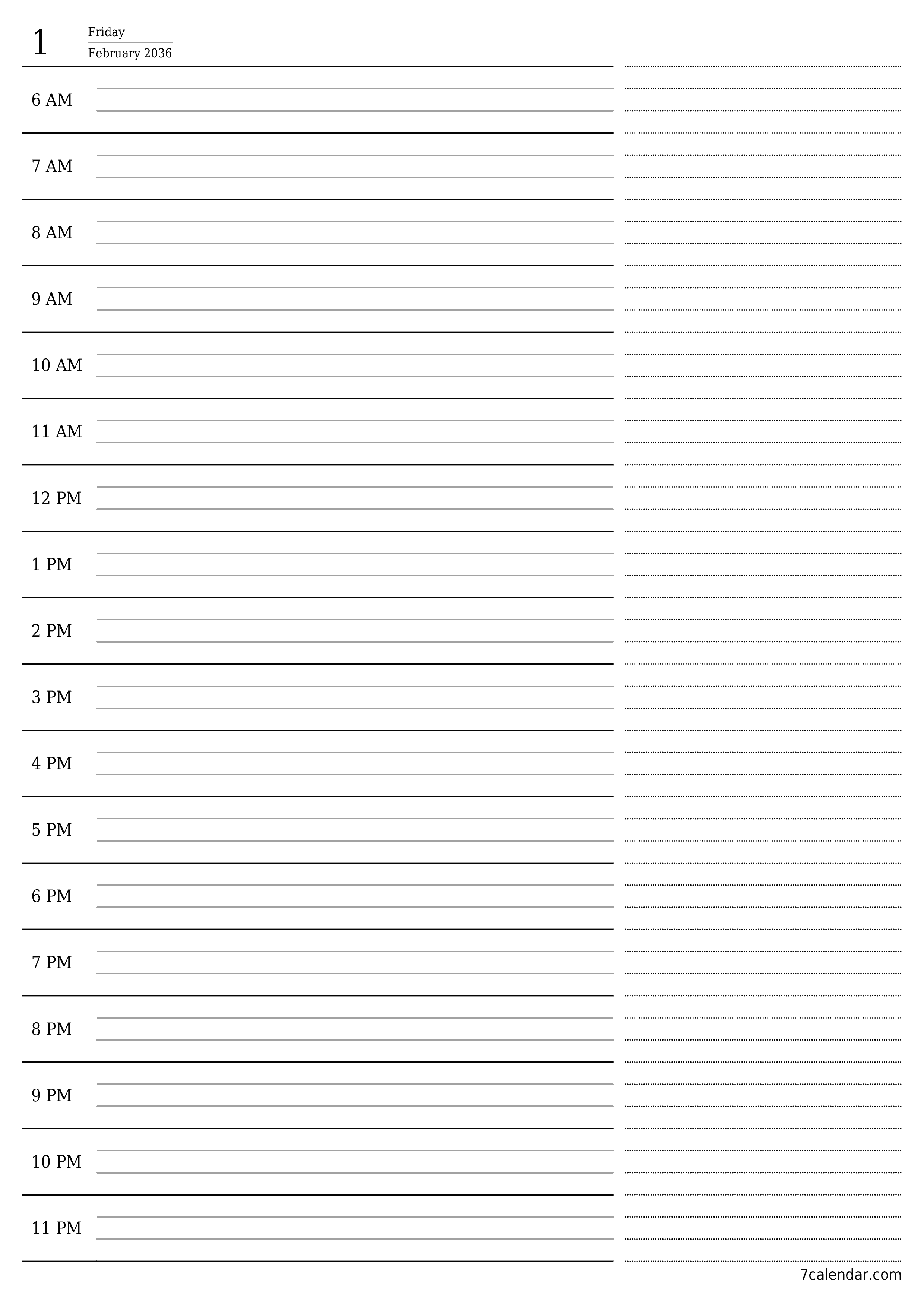 printable wall template free vertical Daily planner calendar February (Feb) 2036