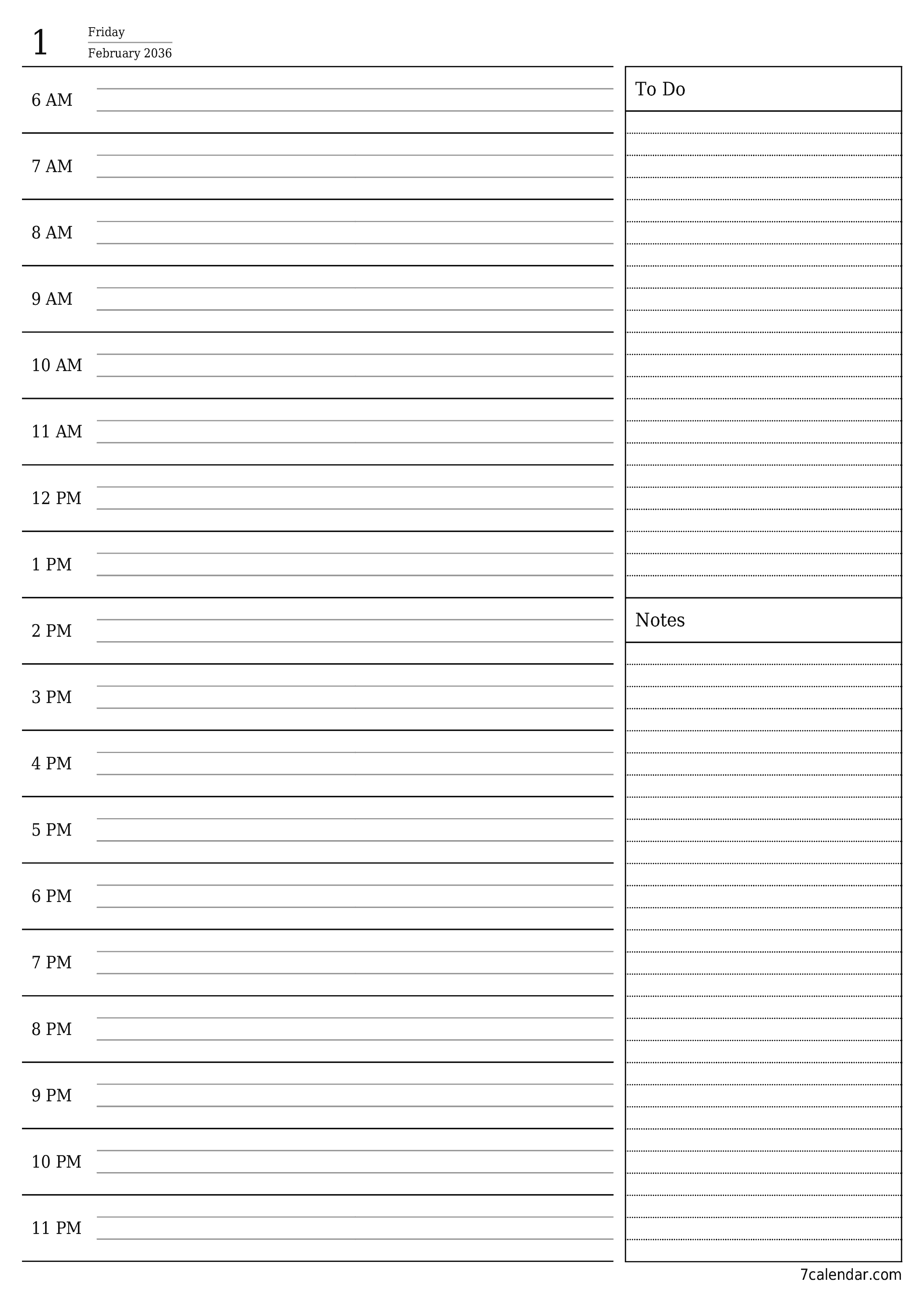 printable wall template free vertical Daily planner calendar February (Feb) 2036