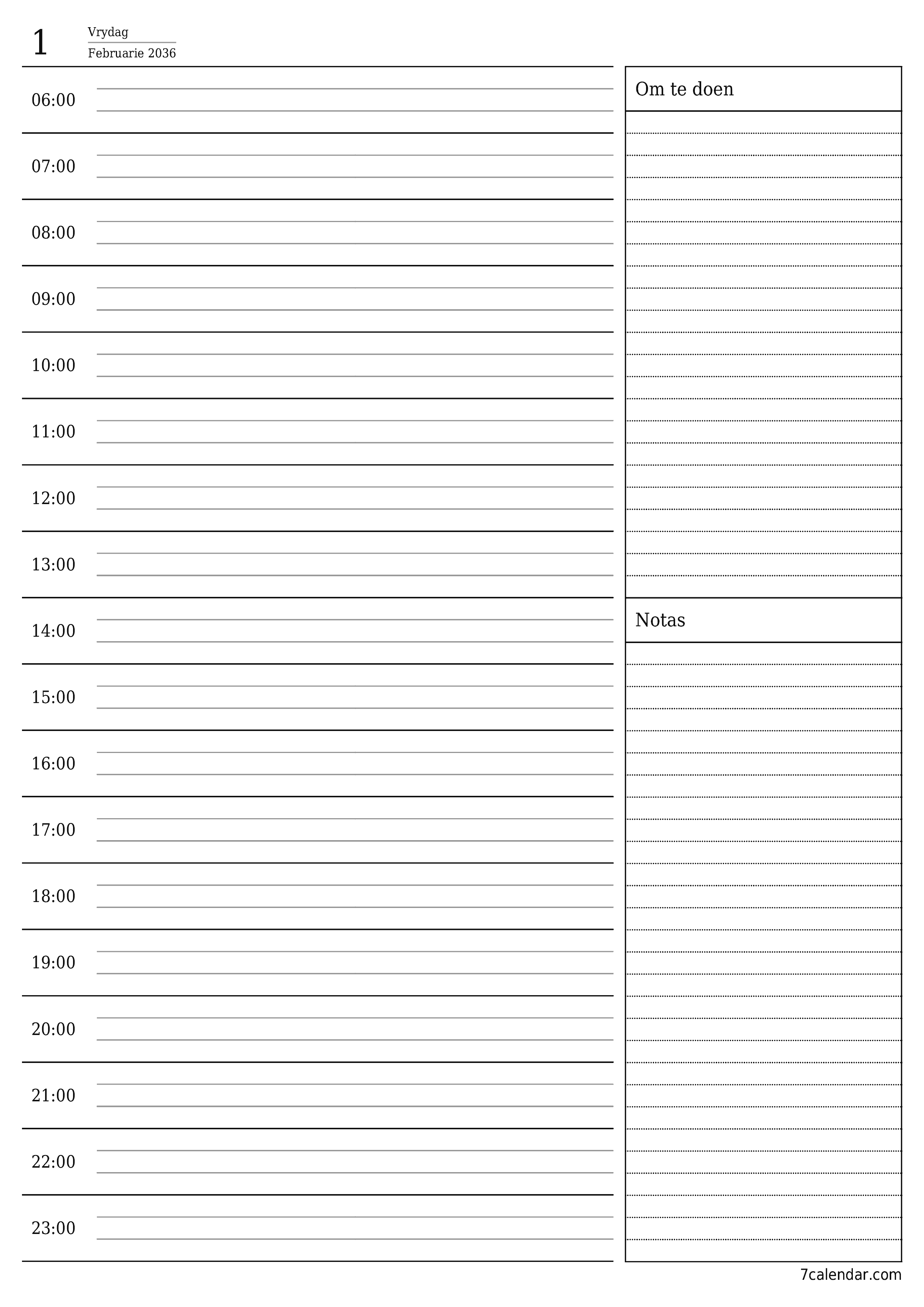 Leë daaglikse drukbare kalender en beplanner vir dag Februarie 2036 met notas, stoor en druk na PDF PNG Afrikaans