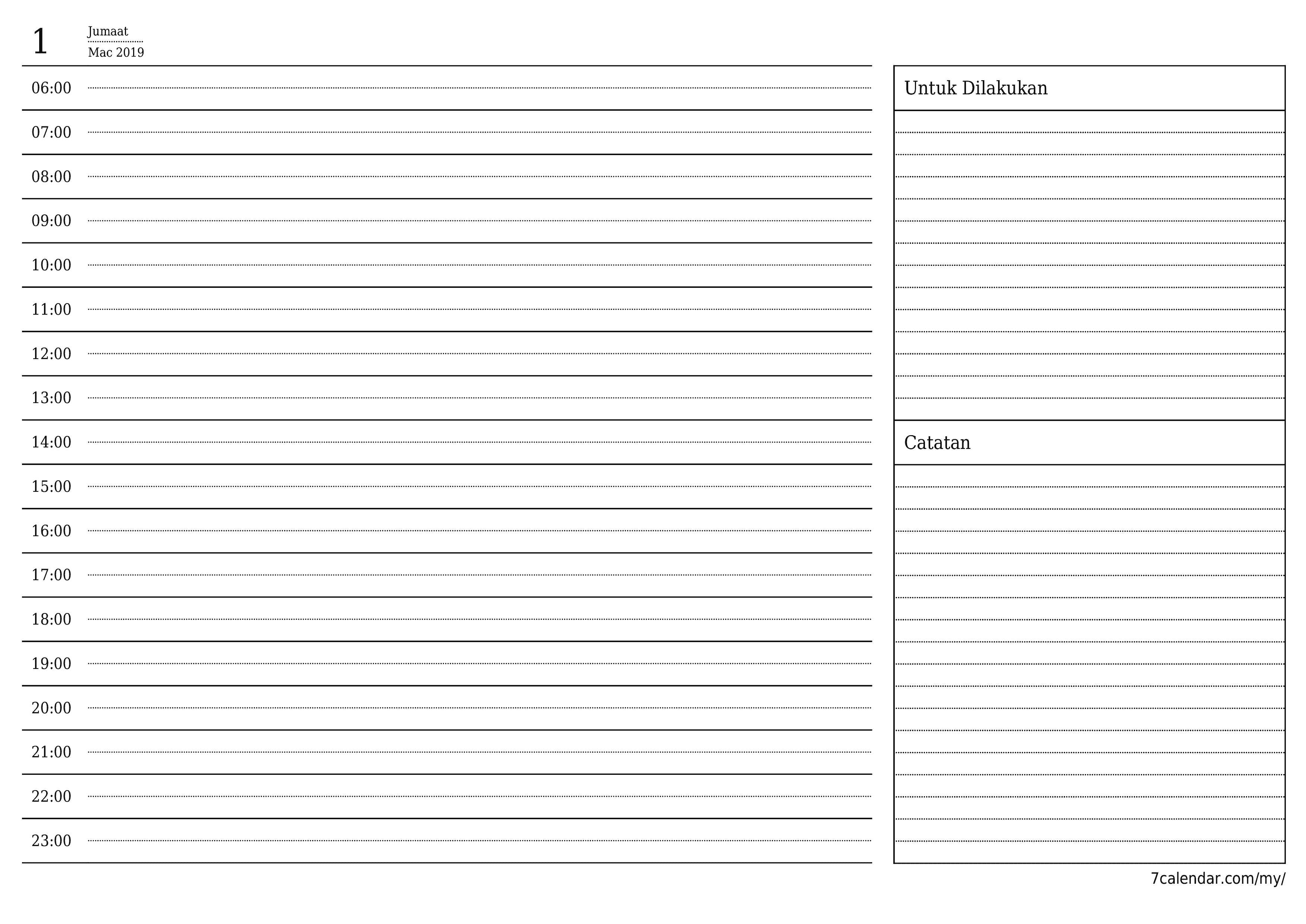 Perencana harian kosong untuk hari Mac 2019 dengan nota, simpan dan cetak ke PDF PNG Malay