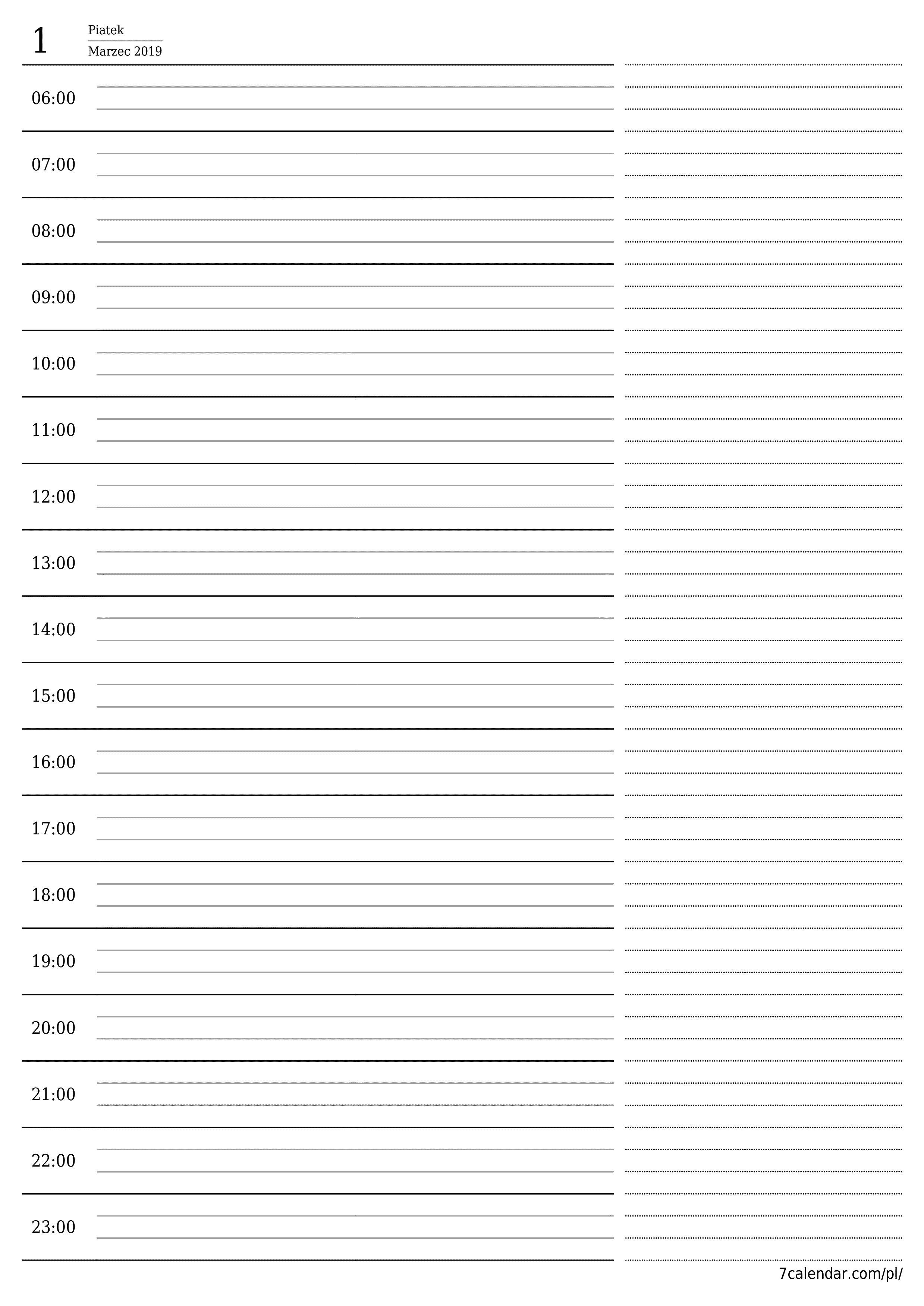 Opróżnij planer dzienny na dzień Marzec 2019 z notatkami, zapisz i wydrukuj w formacie PDF PNG Polish