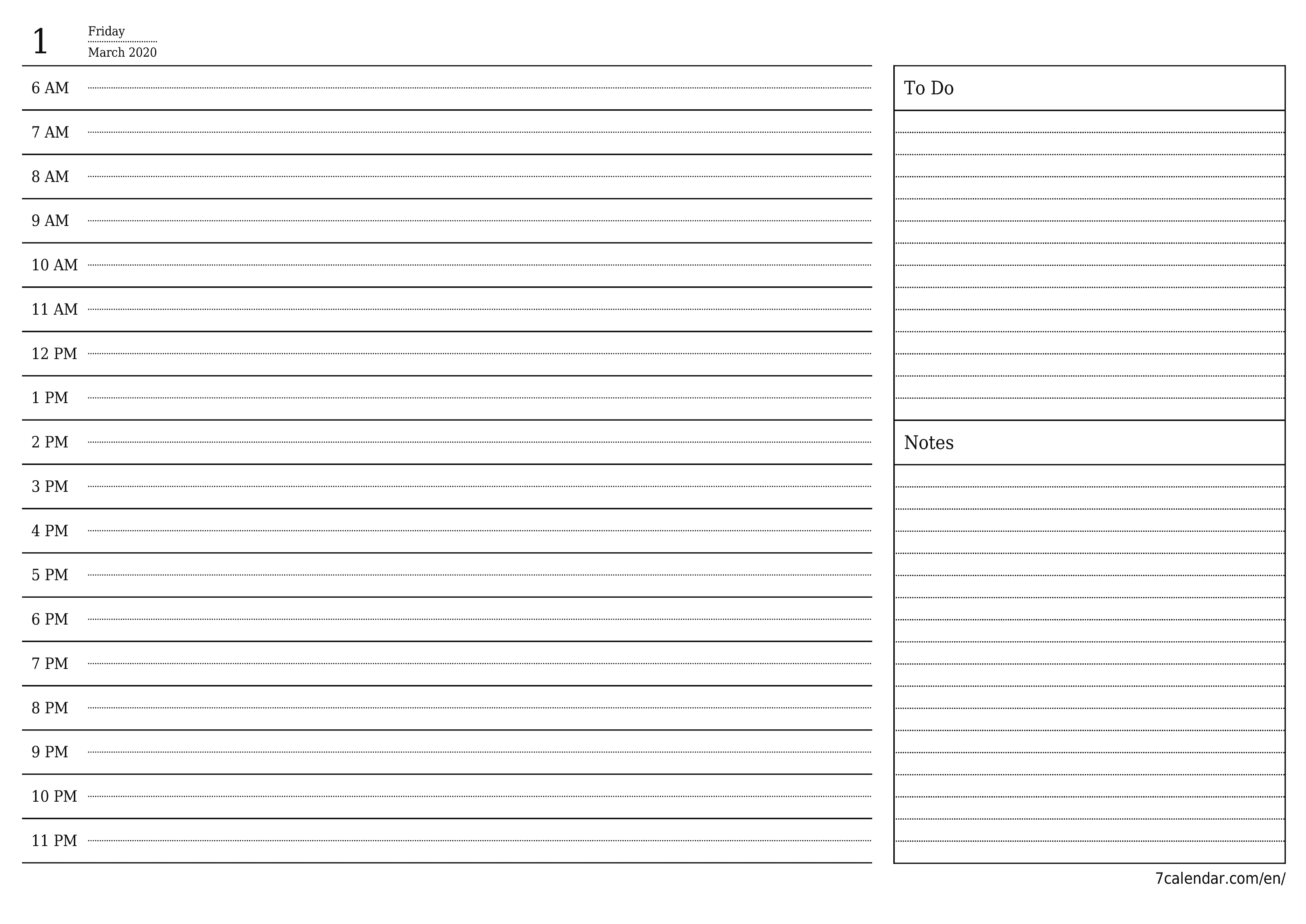 Blank daily printable calendar and planner for day March 2020 with notes, save and print to PDF PNG English