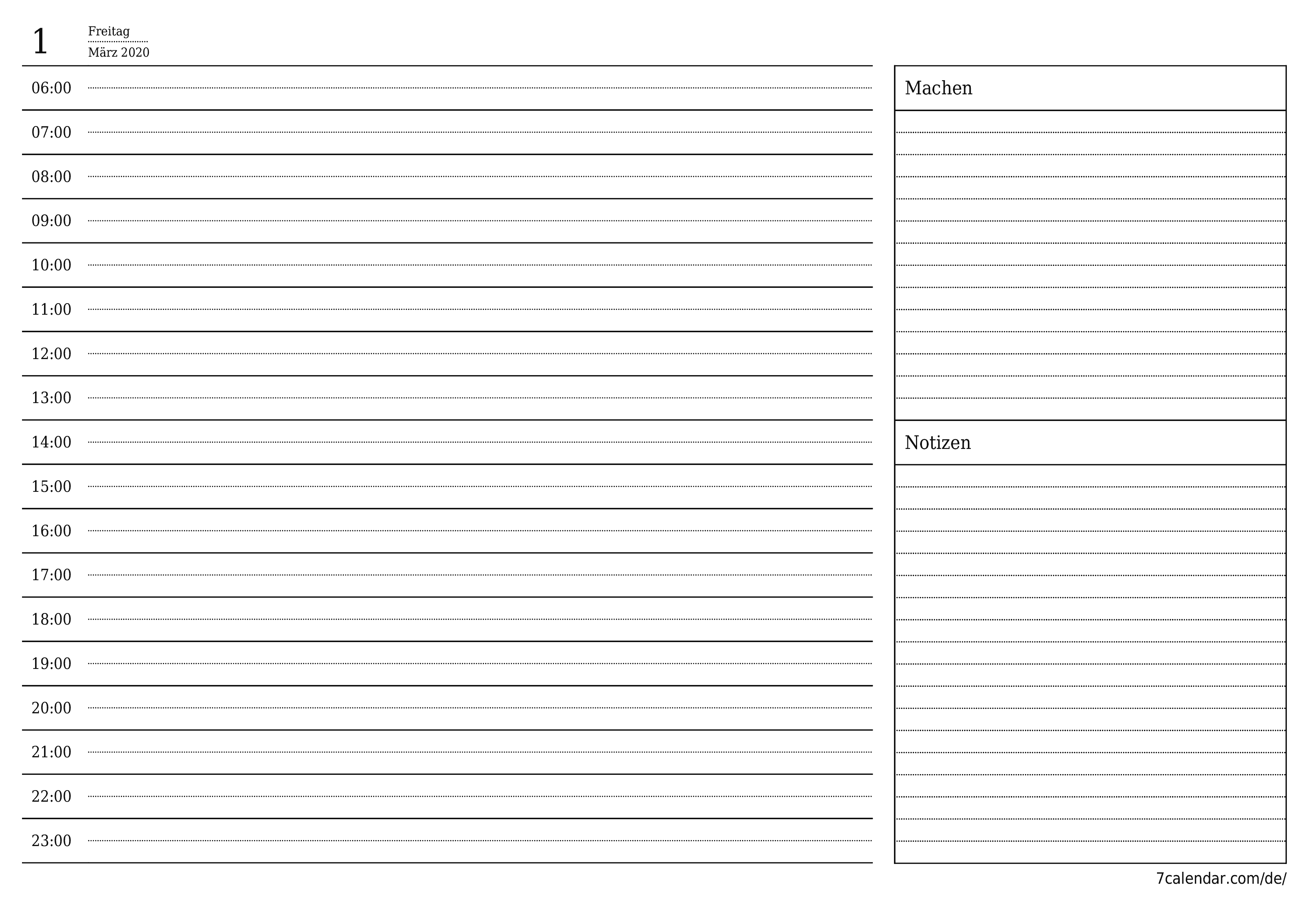 Tagesplaner für Tag März 2020 mit Notizen leeren, speichern und als PDF drucken PNG German