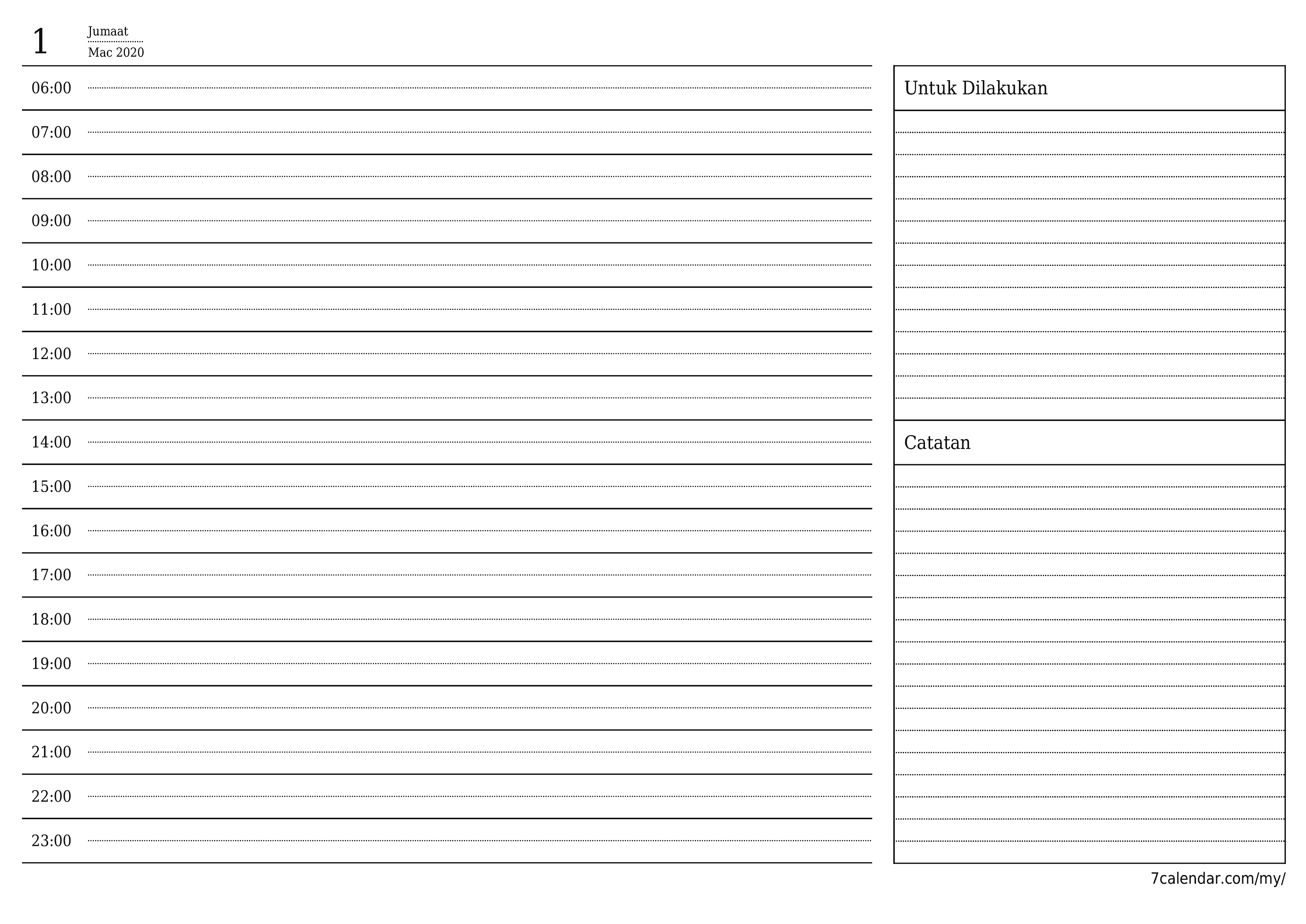 Perencana harian kosong untuk hari Mac 2020 dengan nota, simpan dan cetak ke PDF PNG Malay